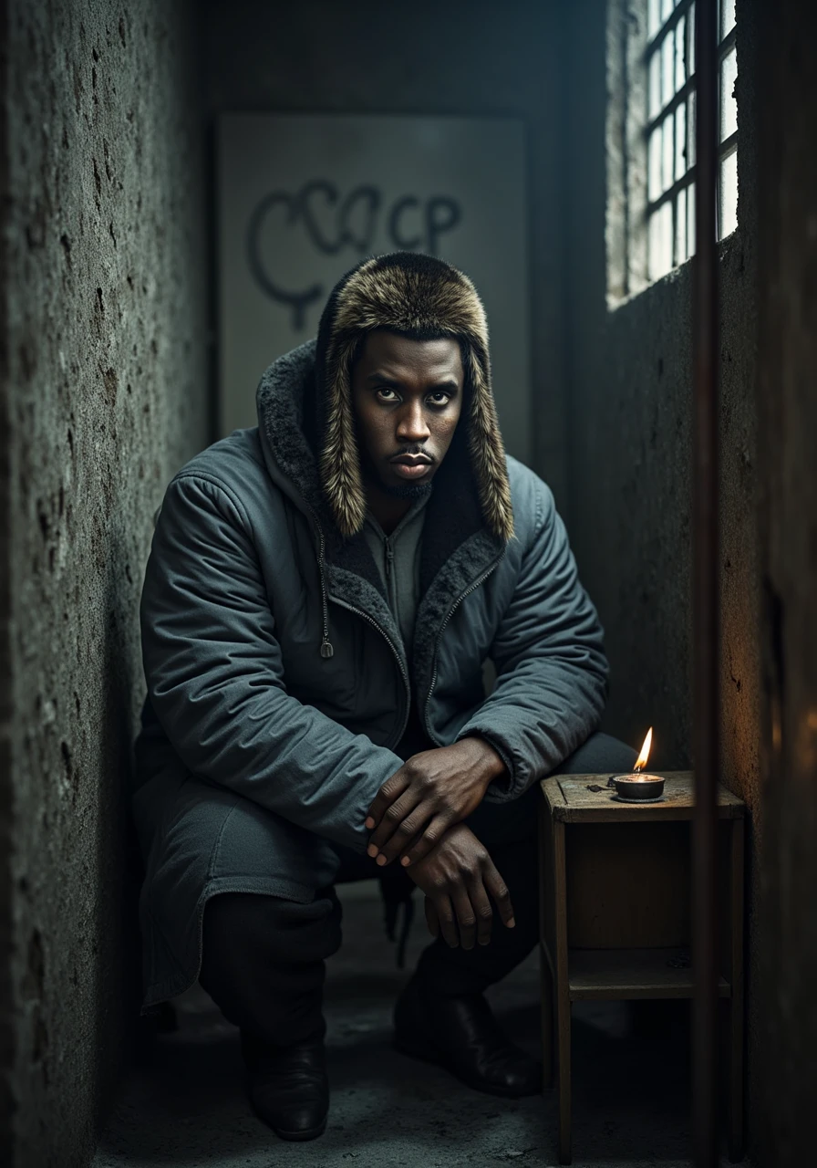 P.Diddy sits dejectedly behind the cold, rusted bars of a Soviet Siberian Gulag cell. He is dressed in a worn-out, gray quilted jacket and a traditional Russian ushanka, the ear flaps pulled down to protect against the biting cold. His face is gaunt and weary, with a look of despair and resignation in his eyes. The harsh conditions of the Gulag have taken their toll, evident in his unkempt appearance and the shadows under his eyes.

The cell is small and cramped, with a bare concrete floor and a thin, tattered mattress in the corner. The walls are made of rough, damp stone, covered in a layer of grime and mold. On one of the walls, the letters "CCCP" are crudely scratched into the surface, a stark reminder of the Soviet regime's iron grip. The letters are deeply etched, as if carved with desperation and defiance.

A small, barred window high up on the wall allows a thin beam of light from an outside searchlight to cut through the darkness. The light casts long, eerie shadows on the cell floor, adding to the sense of isolation and despair. The window is frosted with ice, and the howling wind outside can be heard faintly, emphasizing the harsh Siberian winter.

The atmosphere is one of overwhelming cold, fear, and hopelessness. The air is thick with the smell of dampness and the faint scent of burning coal from a distant furnace. The sound of distant guard dogs barking and the occasional clang of metal doors add to the oppressive ambiance. The only source of warmth is a small, flickering candle placed on a rickety wooden table, its flame dancing in the drafty air.

P.Diddy's hands are clasped together, his knuckles white from the cold and tension. His breath is visible in the frigid air, each exhale a cloud of mist. The overall scene is one of utter desolation and the crushing weight of imprisonment, with P.Diddy's presence adding a layer of poignant humanity to the bleak setting

P.Diddy 