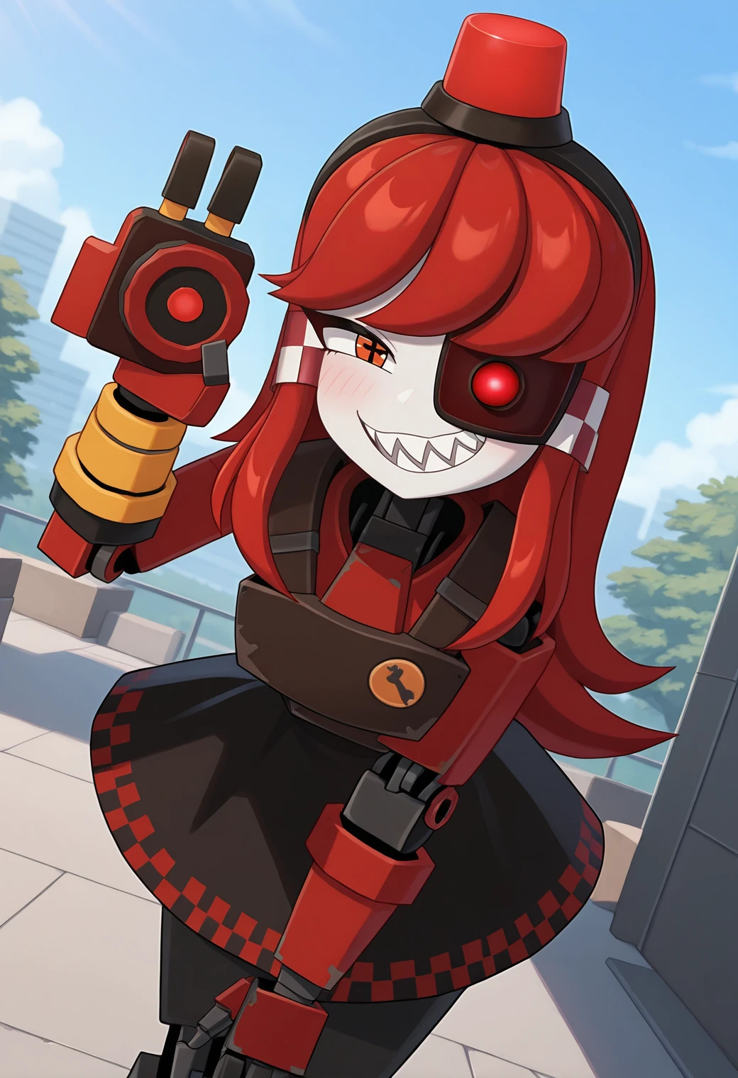 highres, best quality, masterpiece, outdoors, 
solo, 1girl, mimistrytf, mechanical eye, red hair, orange eyes, red eyes, long hair, hair tubes, mini hat, alarm siren, symbol-shaped pupils,
robot girl, black skirt, robot joints, red arm, yellow arm,
looking at viewer, smug, sharp teeth,
leaning forward, dutch angle,
<lora:_mimi_sentry-elesico-ilxlDB:1.25>