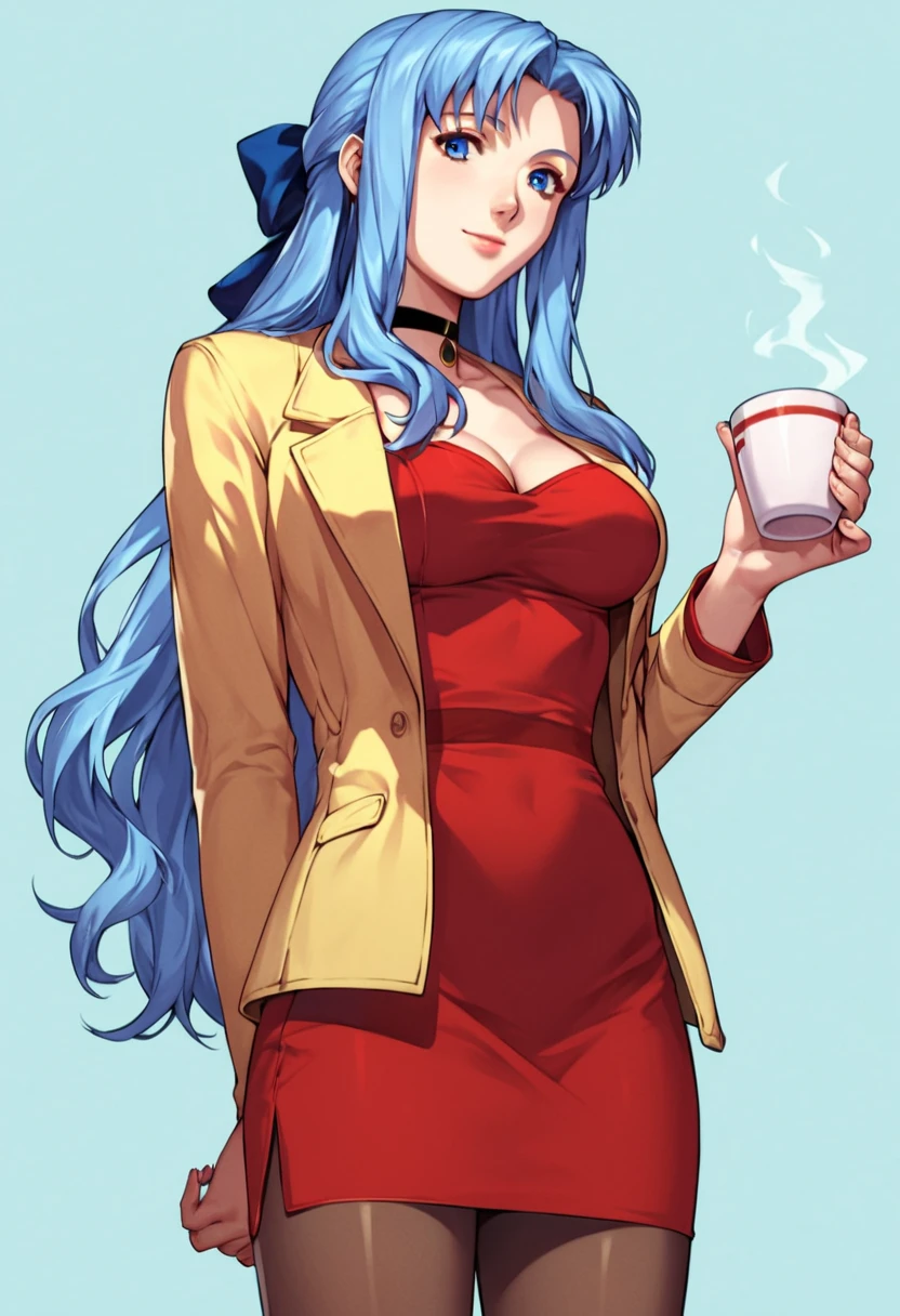 score_9, score_8_up, score_7_up, score_6_up, 1girl, solo,  Sylia_Stingray, blue hair, blue eyes, long hair, half updo,  choker, red dress, yellow jacket, skirt, pantyhose, hair bow, detailed eyes, perfect face, perfect eyes, sexy, sexy girl, beautiful eyes, petite body, medium breasts, standing, arms behind back, posing, holding a cup of tea, light smile, simple background, from below, dynamic angle