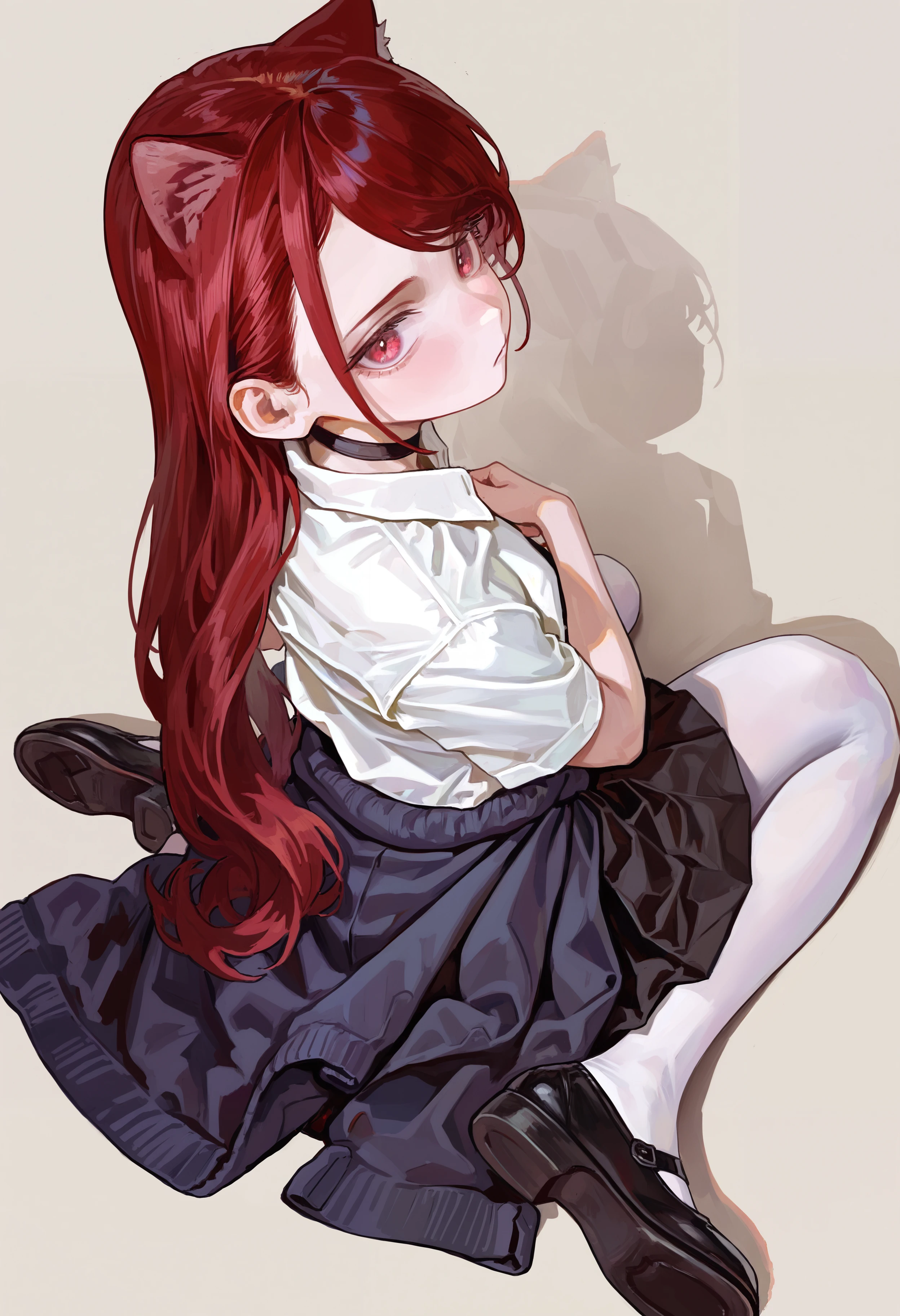 masterpiece, highres, absurdres, newest, very awa, painting \(medium\), simple background, close-up, forced perspective,   1girl, solo, cat ears, red eyes, red hair, long hair, black choker, white dress shirt, short sleeves, pleated skirt, black skirt, sweater around waist, pantyhose, mary janes, black footwear,  from behind, from above, looking back at viewer, sitting, wariza,  <lora:spo_sdxl_10ep_4k-data_lora_webui>,  <lora:NOOB_EPSv1_1_detailer_by_vlnvk_v1_0:0.5>, <lora:illustrious_noobai_epsilon_pred_1_best_quality_v1:0.7>, <lora:noobai_ep11_stabilizer_v0.30_fp16:0.4>,  <lora:FKEY:0.8>,