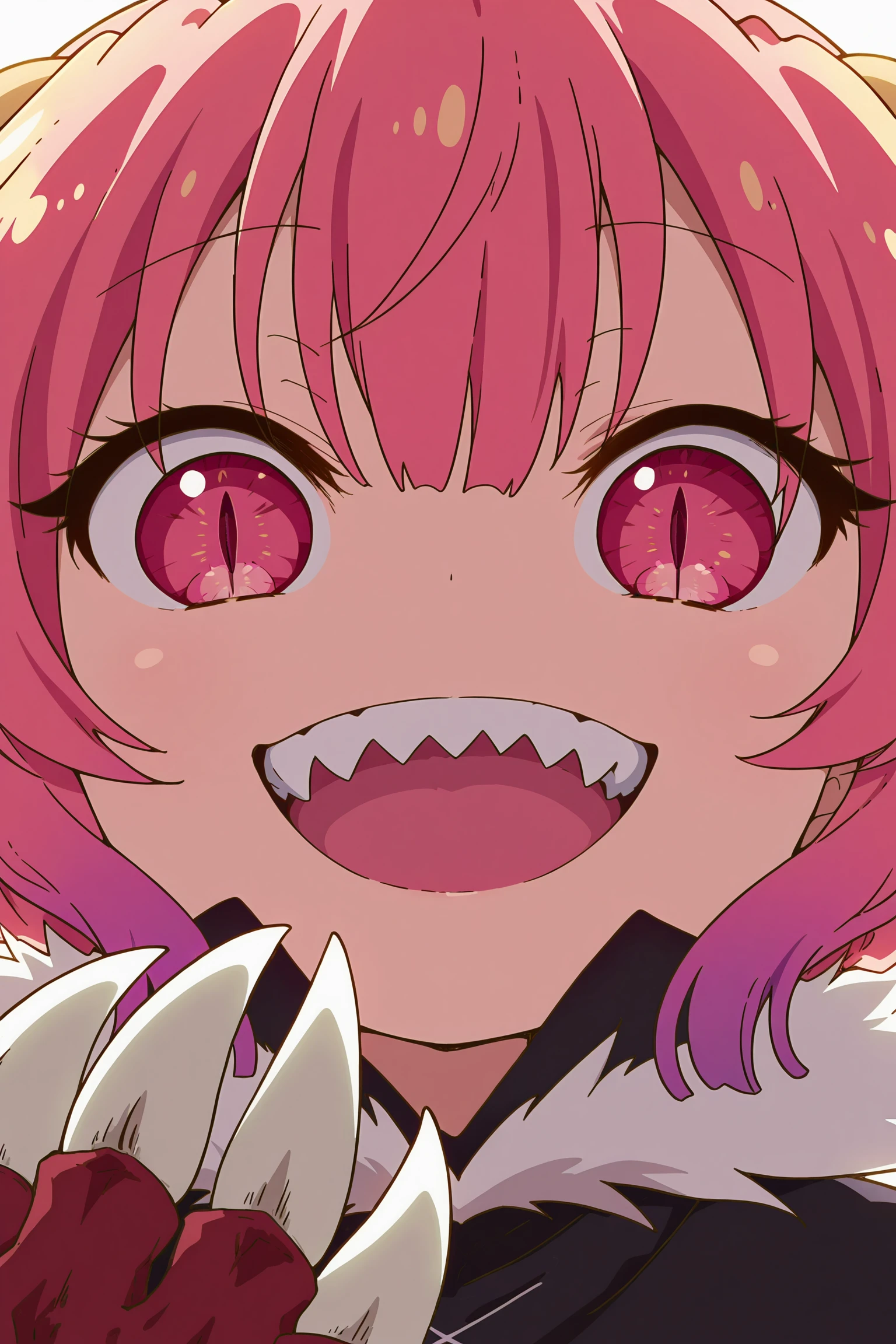 perfect quality, masterpiece, detailed hands, detailed fingers, detailed face, perfect lighting, 
 <lora:Ilulu_Miss_Kobayashis_Dragon_Maid_-_Illustrious:.8>1girl, girl is 18 years old, sharp teeth, teeth, solo, open mouth, smile, gradient hair, close-up, slit pupils, pink hair, looking at viewer, pink eyes, multicolored hair, ilulu (maidragon), :d, purple hair, portrait, dragon girl, claws