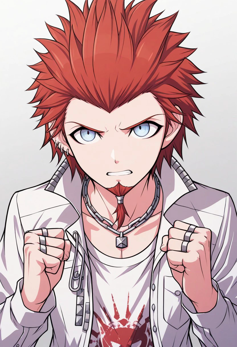 masterpiece, best quality, 
leokuwata, 1boy, male focus, solo, blue eyes, red hair, spiked hair, goatee, facial hair, jewelry, ear piercing, chain necklace, chain, safety pin, rings, t-shirt, print shirt, shirt, collared shirt, white shirt, breast pocket, long sleeves, open shirt, open clothes, clenched hands, teeth, hands up,
indoor