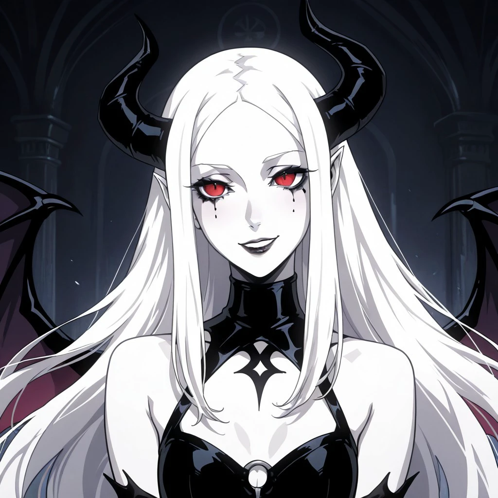 masterpiece, best quality, newest, absurdres, highres,  CastleVaniaStyle-IL.V1.0, 1girl, white skin, white colored skin, pale skin, albino, albino skin, horns, demon horns, demon girl, succubus, wings, bat wings, demon wings, goth, goth girl, goth makeup, runny makeup, smile, grin, closed mouth,