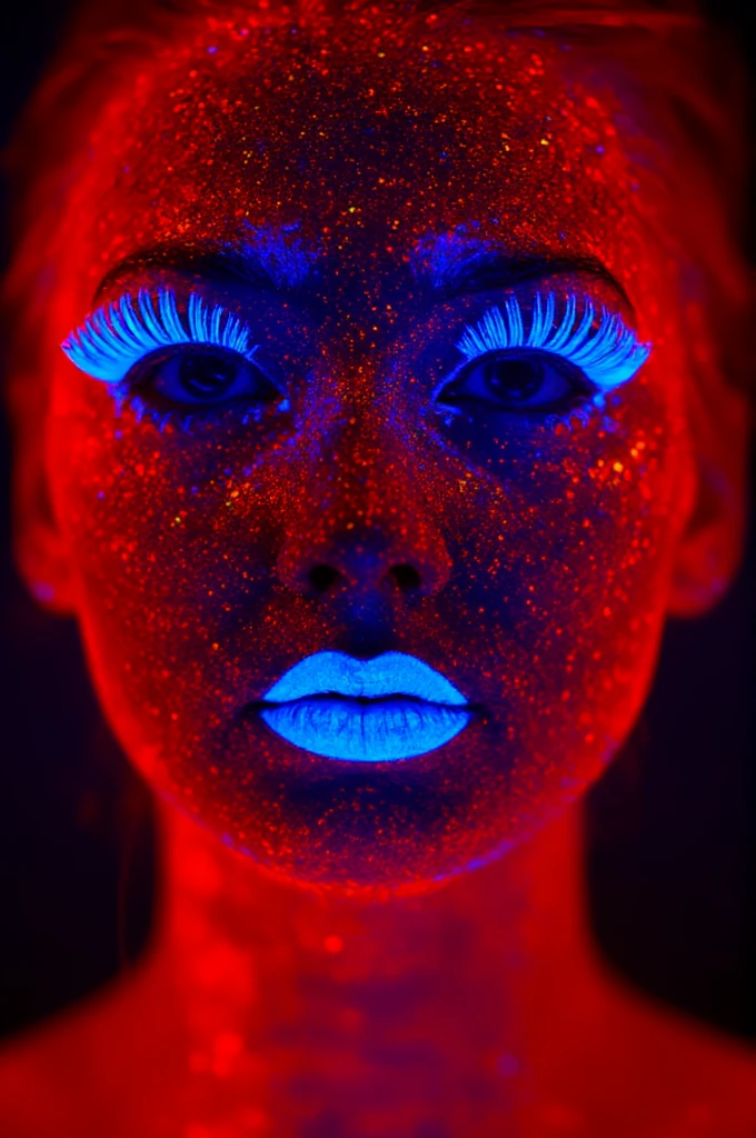 A photograph of a woman's luminescent face with vibrant, glowing makeup. Her skin is covered in bright orange, red, and blue colors, creating a striking contrast with her natural skin tone. The makeup is heavily applied, with a focus on the eyes and lips, the lips and eyelashes are glowing bright blue. She has a neutral expression. The image is artistic and colorful.  <lora:makeup_art_FLUX_v1-000029:1>