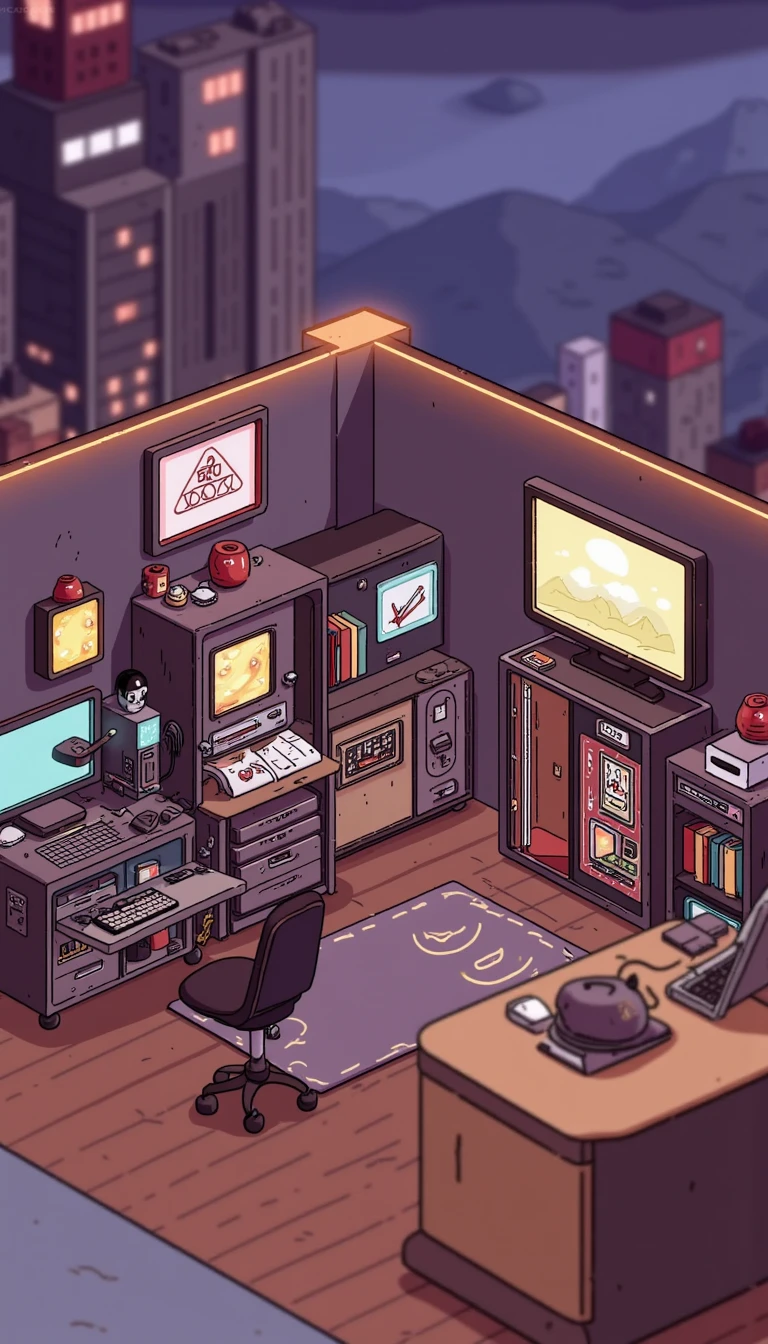 hildaserie, cartoon, detailed, 

furnished room, gaming PC, isometric view, modern decor, tech setup

, no humans, epic landscape, scenery, blurry, building, depth of field, intricate, natural light, dynamic palette 