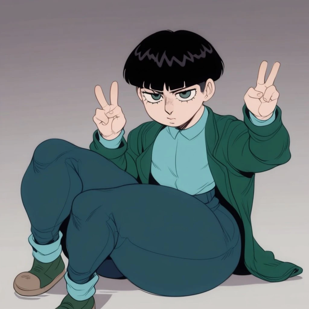 score_9, score_8_up. score_7_up, source_anime, solo, 1boy, Giorno (Detnox), black hair, short hair, blue shirt, long pants, green jacket, brown shoes, voluptuous, curvy, bottom heavy, wide hips, wide thighs, thick thighs, thick legs, Stand, pose, Two fingers up, v sign