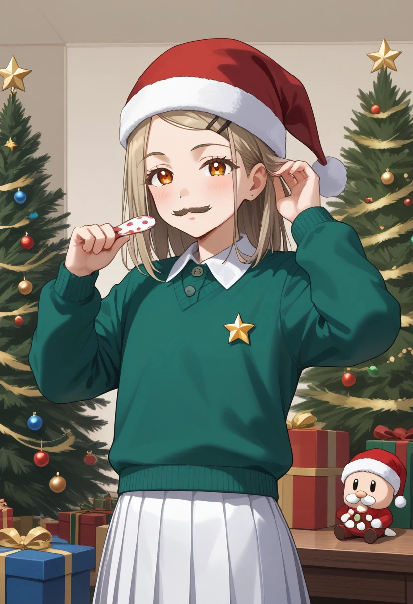 score 9, score 8 up, (masterpiece), best quality, expressive eyes, perfect face, hiro_s, looking at viewer, fake facial hair, fake mustache, green sweater, hat, hair ornament, santa hat, sweater, hairclip, skirt, christmas tree, holding, christmas, white skirt, star (symbol), long sleeves, red headwear, collared shirt, shirt, fur-trimmed headwear, pleated skirt, hiro_s