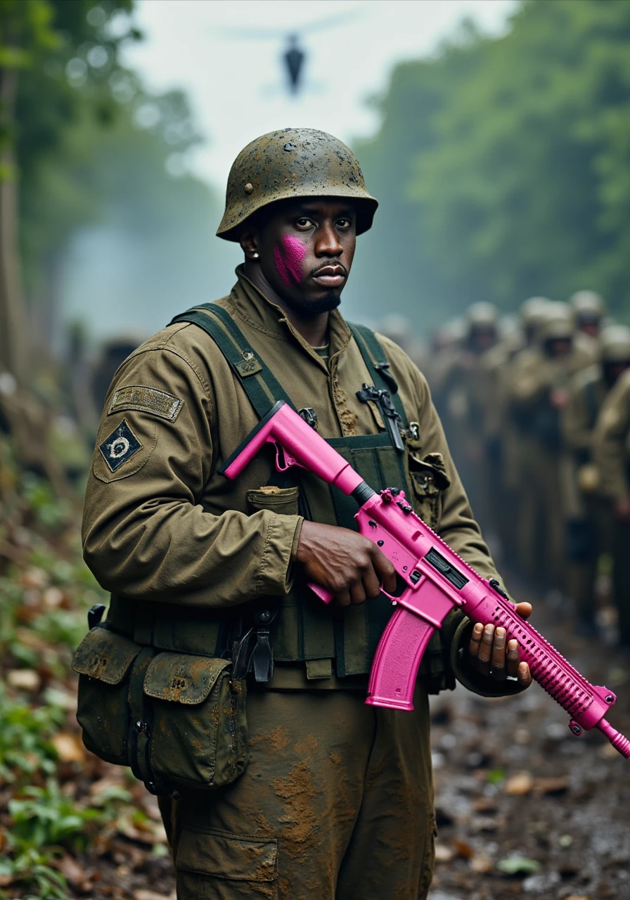 P.Diddy, dressed in full military gear, stands amidst the chaotic and intense battlefield of Vietnam. His camouflage uniform is splattered with mud and grime, a testament to the harsh conditions of the jungle warfare. A helmet sits firmly on his head, and his face is painted with streaks of camouflage, adding to his rugged and determined appearance.

In his hands, he holds a striking pink M16 rifle, a stark contrast to the grim and dangerous environment. The rifle is meticulously detailed, with a bright pink finish that stands out against the muted greens and browns of the jungle. P.Diddy's grip on the weapon is firm and confident, his eyes scanning the surroundings with a mix of alertness and resolve.

The background is a vivid depiction of the Vietnam jungle during combat. Tall, dense trees and thick foliage create a claustrophobic atmosphere. The air is thick with the smell of gunpowder and the sound of distant explosions. Smoke from recent detonations lingers in the air, casting an eerie haze over the scene.

Soldiers in similar camouflage gear are scattered around, taking cover behind fallen trees and makeshift barriers. The ground is a mix of mud and debris, with craters from recent explosions adding to the rugged terrain. The sound of helicopters overhead and the distant rumble of artillery fire create a sense of constant danger and urgency.

P.Diddy's presence is commanding, his stance exuding a mix of strength and determination. Despite the chaos, he remains focused and ready, the pink M16 rifle adding a surreal and unexpected element to the intense battlefield scene

P.Diddy 