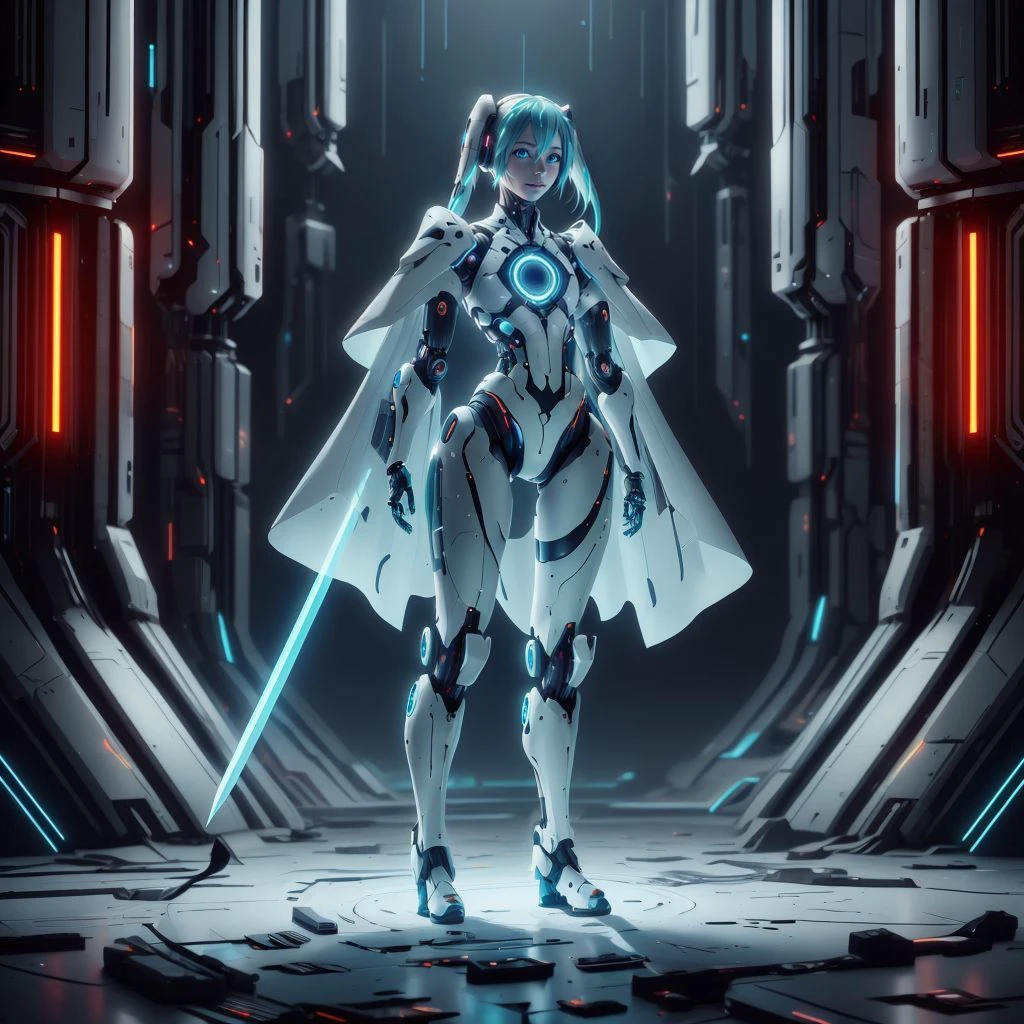 <lora:NV_ApatureTech_WM_SD:0.8> scifi , nv-aperturetech , glowing, 
neon lights, hatsune miku, 1girl, female knight, armor, holding sword, full body, glowing cape , standing,