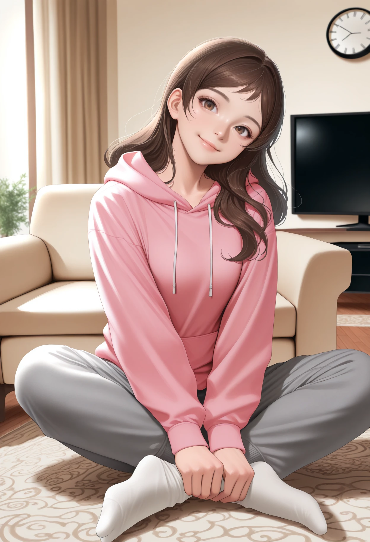 masterpiece, best quality, 1girl, solo, K1tazawaSh1ho, brown eyes, brown hair, long hair, realistic, pink hoodie, grey sweatpants, socks, indian style, couch, smile, head tilt, looking at viewer, living room, indoors, clock, carpet, television, <lora:ChamShihoKitazawaIllustriousXL:1>