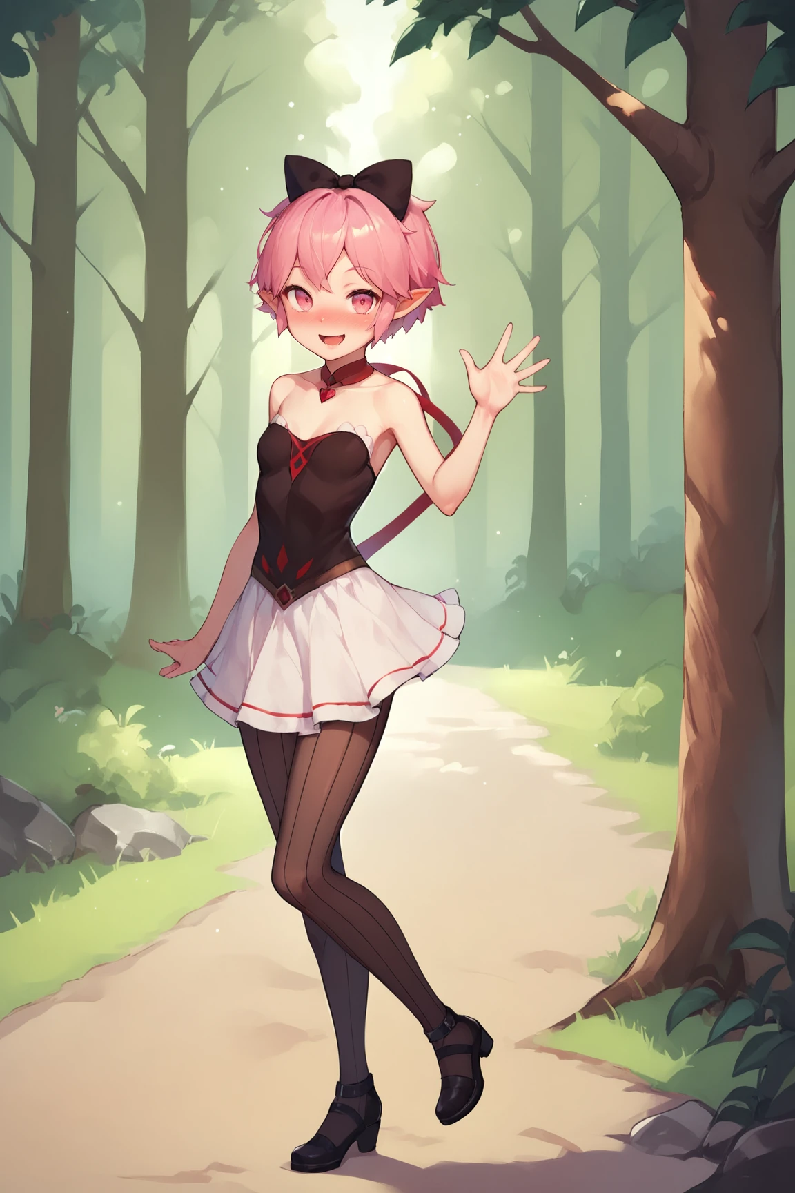 score_9, score_8_up, score_7_up, score_6_up, BREAK, NinaICPXL, pink eyes, pink hair, short hair, hair bow, black bow, pointy ears, small breasts, bare shoulders, red shocker, black dress, white skirt, black pantyhouse, black shoes, solo, full body, standing, waving, seductive smile, looking at viewer, naughty face, nose blush, forest <lora:NinaICPXL:0.8>