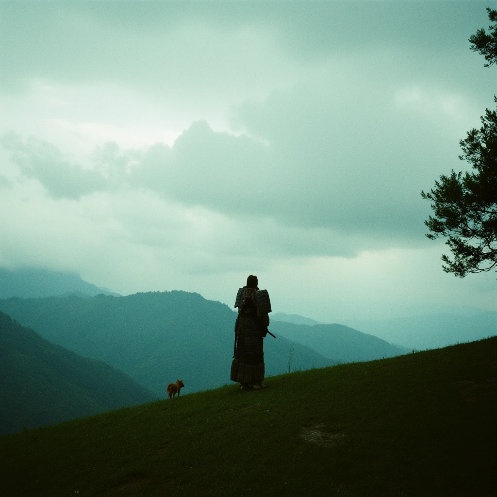 cinematic film still of  <lora:Shogun style v1:0.9>
Shogun a man standing on a hill with a dog, 1girl, solo, long hair, outdoors, sky, cloud, from behind, tree, cloudy sky, grass, scenery, mountain, landscape, Japanese culture, Samurai, armor, warrior, horror theme, Shogun style, nature, forest, shallow depth of field, vignette, highly detailed, high budget, bokeh, cinemascope, moody, epic, gorgeous, film grain, grainy