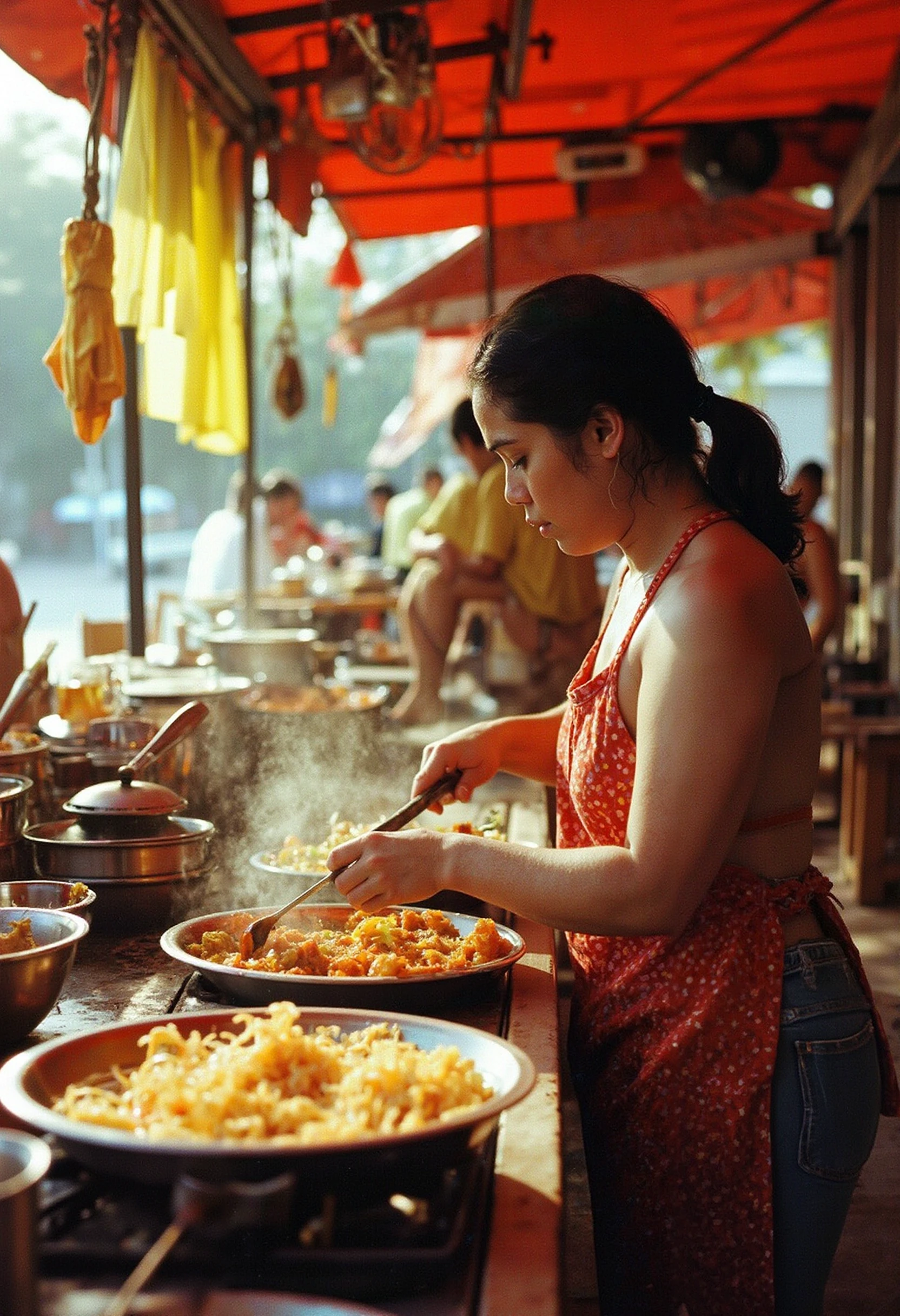 1990s style analog flash photography.
A woman preparing food in a busy outdoor kitchen filled with bright red and yellow accents creating a lively atmosphere, the feeling is cozy and homely, almost nostalgic.
It looks like it has been taken with a cheap disposable camera, with visible film grain and slight lens distortion.