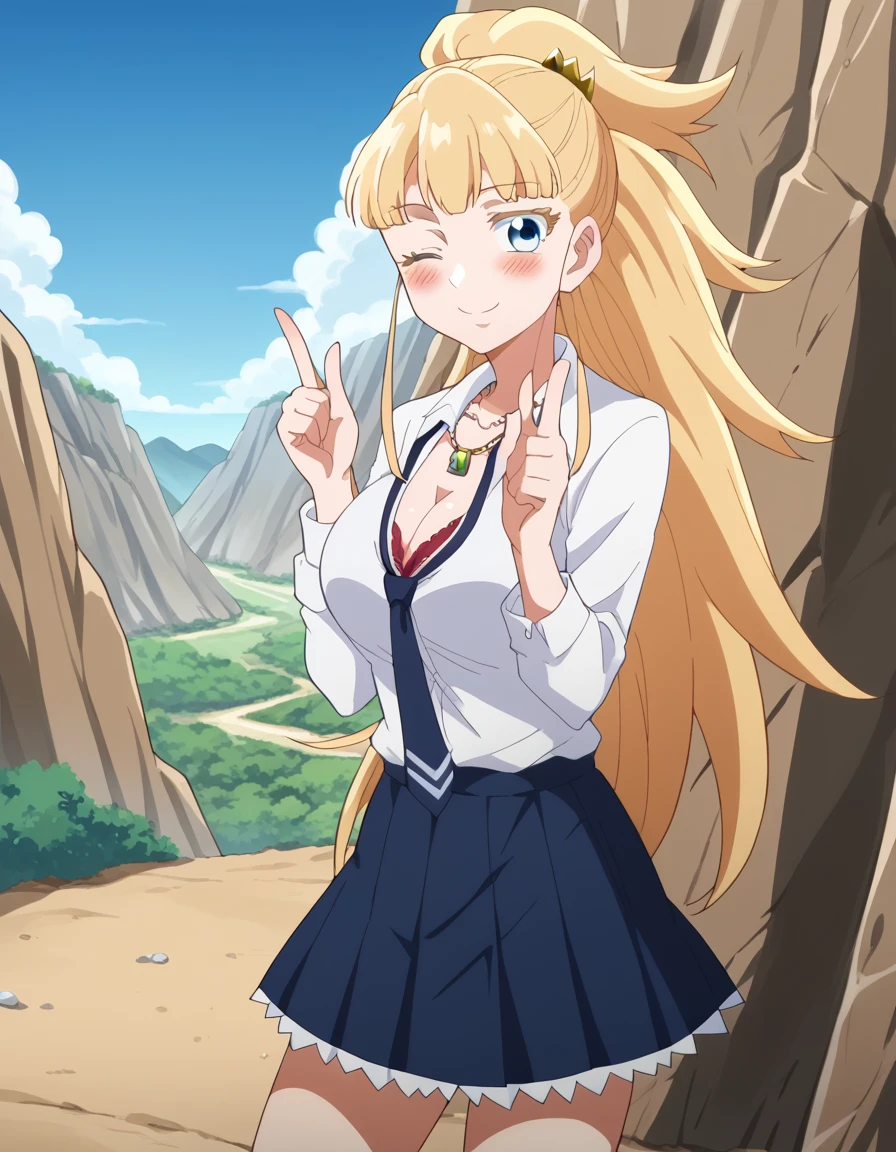 score_9, score_8_up, score_7_up, source_anime, <lora:krystal-novaty-nokanatika-s1-ponyxl-lora-nochekaiser:1>, krystal novaty nokanatika, long hair, blonde hair, large breasts, blue eyes, ponytail, sidelocks, anime screencap,, skirt, shirt, cleavage, jewelry, underwear, white shirt, pleated skirt, necktie, necklace, bra, red bra, canyon, cliffs, desert, rocky, open, , <lora:double-finger-gun-ponyxl-lora-nochekaiser:1>, double finger gun,, blush, smile, one eye closed, from side, looking at viewer, solo,, dutch angle, cowboy shot