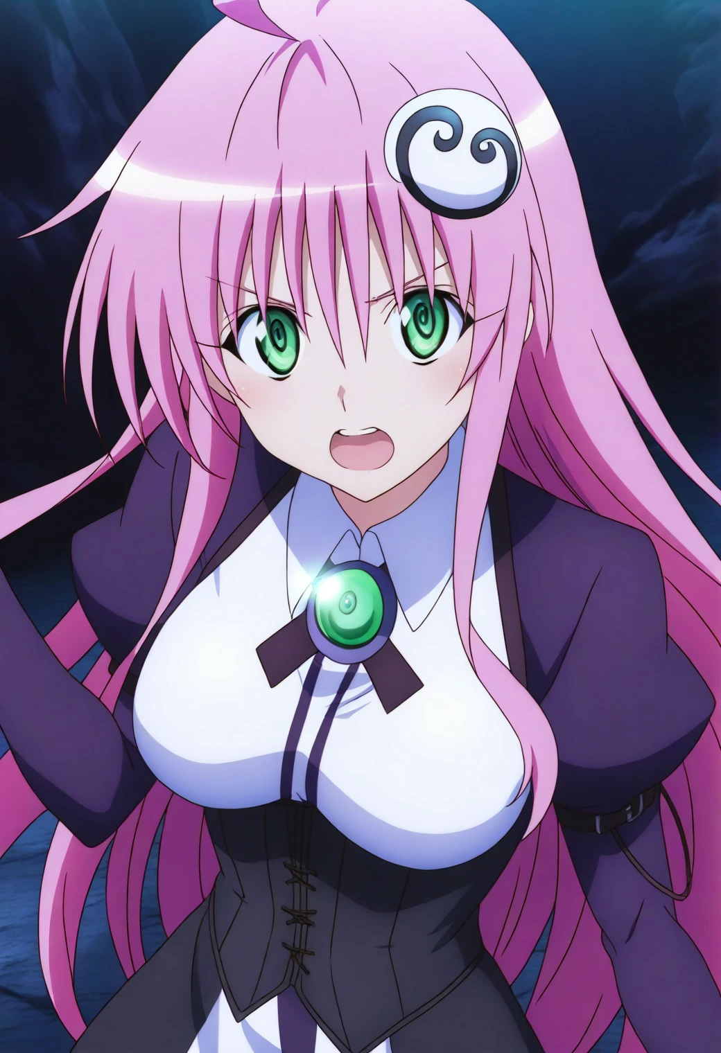 <lora:Lala Satalin Deviluke - [To Love Ru] - illustriousXL v1:1>, sysdeep_lala, solo, leather corset, dark cave, inspecting glowing crystals, focused look