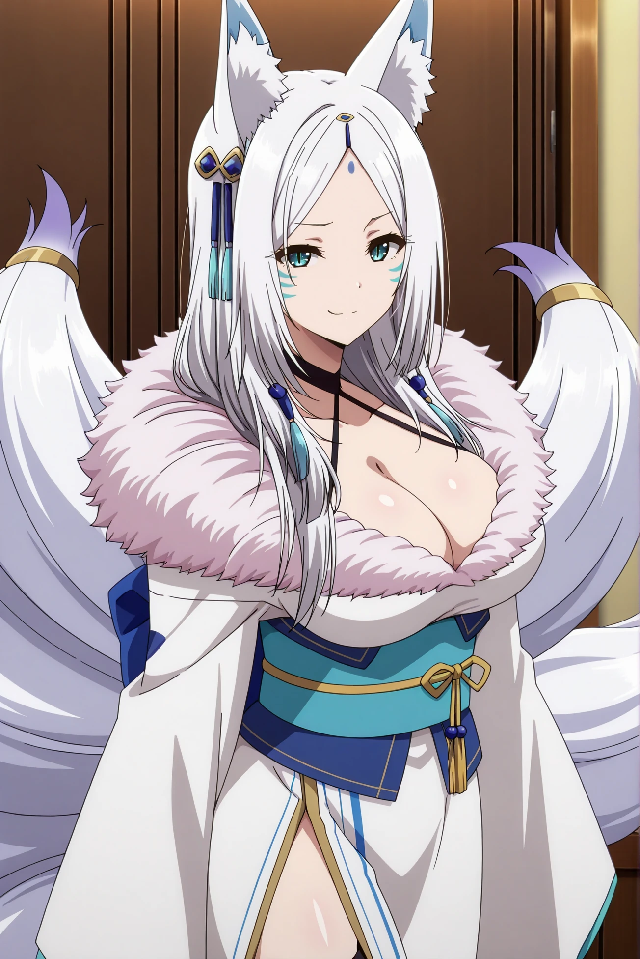 masterpiece, best quality, anime, 2d, 1girl, (slender, anime screencap, large breasts), solo, yukime3ms, <lora:Yukime-ILXL-V1:1>,
BREAK (white hair, long hair, parted bangs, forehead mark, hair ornament, hair ribbon, fox ears, fox tail, multiple tails, animal ear fluff, whisker markings),
BREAK (white kimono, blue kimono, obi, sash, fur trimmed kimono, cleavage, criss-cross halter, choker, black thighhighs, side slit)
BREAK (looking at viewer, cowboy shot, from side:1.2), (aqua eyes, slit pupils, smirk, closed mouth, standing:1.3)