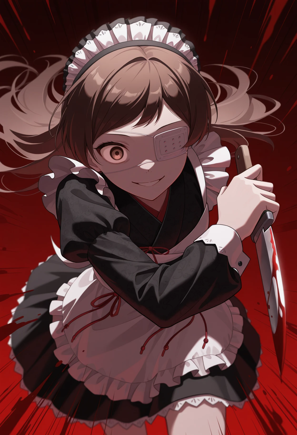 masterpiece, best quality, 1girl, solo, K1tazawaEyptch, brown eyes, brown hair, long hair, eyepatch, wa maid, maid headdress, black dress, white apron, maid apron, frills, yandere, blood, crazy smile, holding knife, foreshortening, action pose, speed lines, incoming attack, horror \(theme\), dark theme, darkness, high contrast, <lora:ChamShihoKitazawaIllustriousXL:1>