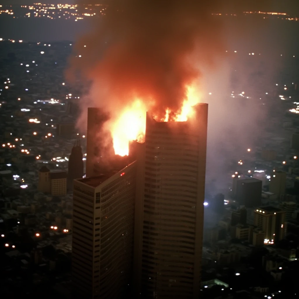 cinematic film still of  <lora:1980's Die Hard style v1:0.7>
In 1980's film style In the 80's Nakatomi Plaza a tall building with a fire burning from the top, no humans, fire, building, scenery, stairs, action movie themed, sharp, detailed, epic cinematic photography, artistic, dramatic light, cinematic color style, Kodak film style, Die Hard style, solo, city, silhouette, skyscraper, shallow depth of field, vignette, highly detailed, high budget, bokeh, cinemascope, moody, epic, gorgeous, film grain, grainy