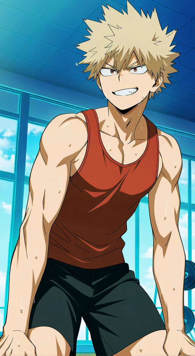 score_9, score_8_up, score_7_up, source_anime, highres, (masterpiece, best quality, (anime, anime coloring:1.3),1boy,solo,male focus,bakugou,blonde hair,spiked hair,short hair,red eyes,smile,red tank top,black shorts sweaty,gym,training