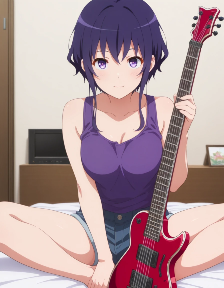 masterpiece,best quality,amazing quality,1girl,solo,light smile BREAK  
Michiru <lora:IL-Michiru:1>,purple hair,short hair,purple eyes,sidelocks,medium breasts, purple tank top,denim shorts, guitar, 
looking at viewer,indoors, butterfly sitting, on bed