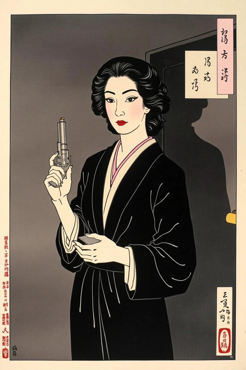 tsukioka1 Japanese woodblock print ukiyo-e. 
a mysterious woman with dark, wavy hair and piercing eyes stands in the shadows of a dimly lit room. She is holding a small revolver with a delicate yet firm grip. Her red lipstick is the only color that stands out in the darkness, her intentions unclear but dangerous. <lora:schnell_v1.0:1.0> <lora:tsukioka_ukyo-e4_nocap_d8a4:1.0><lora:798027927724854958:0>