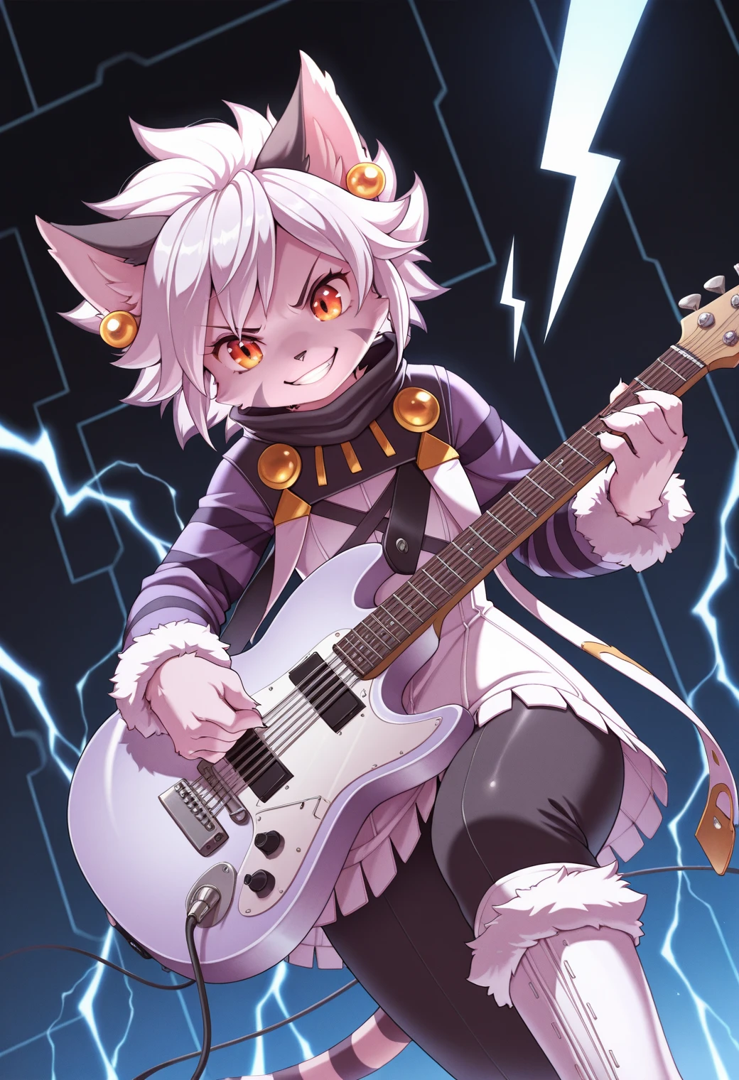 masterpiece, best quality, amazing quality, hjz (artemi),  <lora:ElhIllus.safetensors:1>, elh, 1girl, solo, furry female, cat girl, cowboy shot, dutch angle, stepping, holding instrument, grin, angry, cute, red eyes, orange eyes, body fur, cat ears, white hair, short hair, shiny hair, earrings, facial mark, animal nose, striped tail, elhattire, fur trim, striped sleeves, black pants, white boots, playing instrument, electric guitar, (lightning bolt, electric background:1.2)