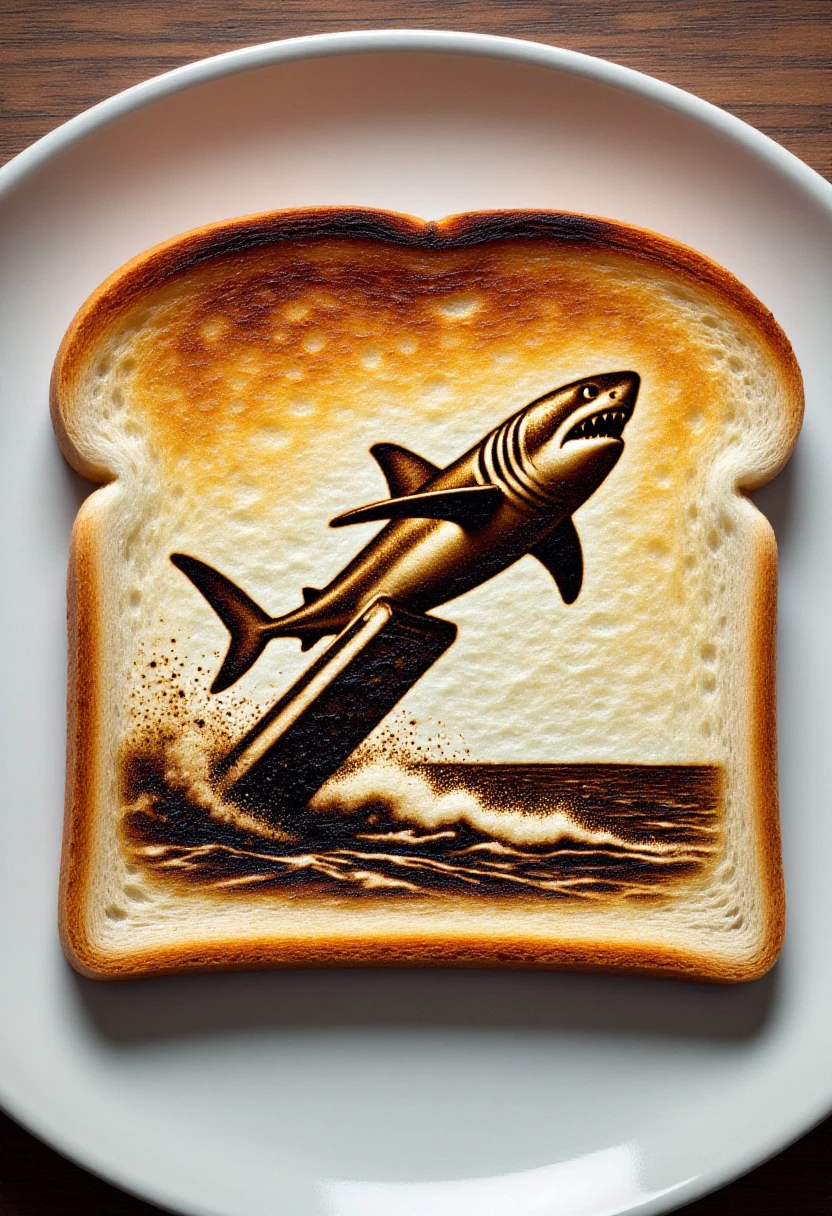 <lora:Toastastic_FLUX-000013:0.8> 
This photograph features a slice of bread that has been toasted in a way that resembles the monochromatic image of a shark flying off a ramp in the ocean.