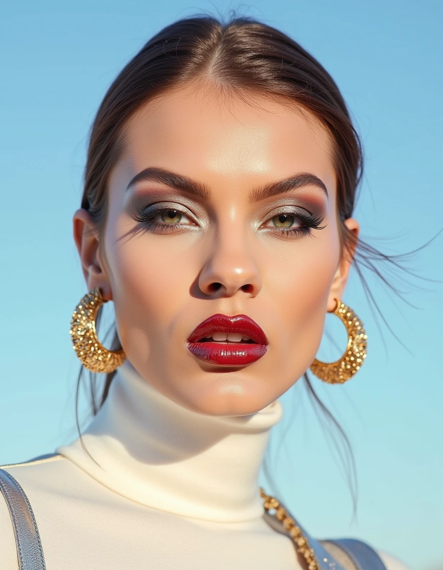 A hyper-detailed, avant-garde photograph featuring a striking woman with pale light skin against a clear, light blue sky. Her full-face close-up highlights the smooth texture of her flawless complexion. Shimmering metallic eyeshadow enhances the depth of her piercing gaze, while her glossy, deep red lips create a bold contrast to her skin. Large, intricately detailed golden hoop earrings reflect light, contributing to her modern allure. She wears metallic urban Buddhist monk clothing, with a turtle neck that enhances her avant-garde look. The reflective surfaces of her earrings and outfit create a dynamic interplay with the environment, emphasizing her sleek presence. The minimalist background allows the viewer to focus on her eye-catching fashion and makeup. Captured with a Sony A7R IV camera and a 50mm f/1.2 G Master lens for a beauty editorial shoot, this composition highlights her fashion-forward aesthetic. Inspired by avant-garde fashion photography from Sølve Sundsbø, this image blends contemporary fashion and minimalist elegance, embodying mythp0rt and niji_flux styles for a sleek, high-fashion vision. ((glow_skin, iridescent skin, oily skin, portrait)).