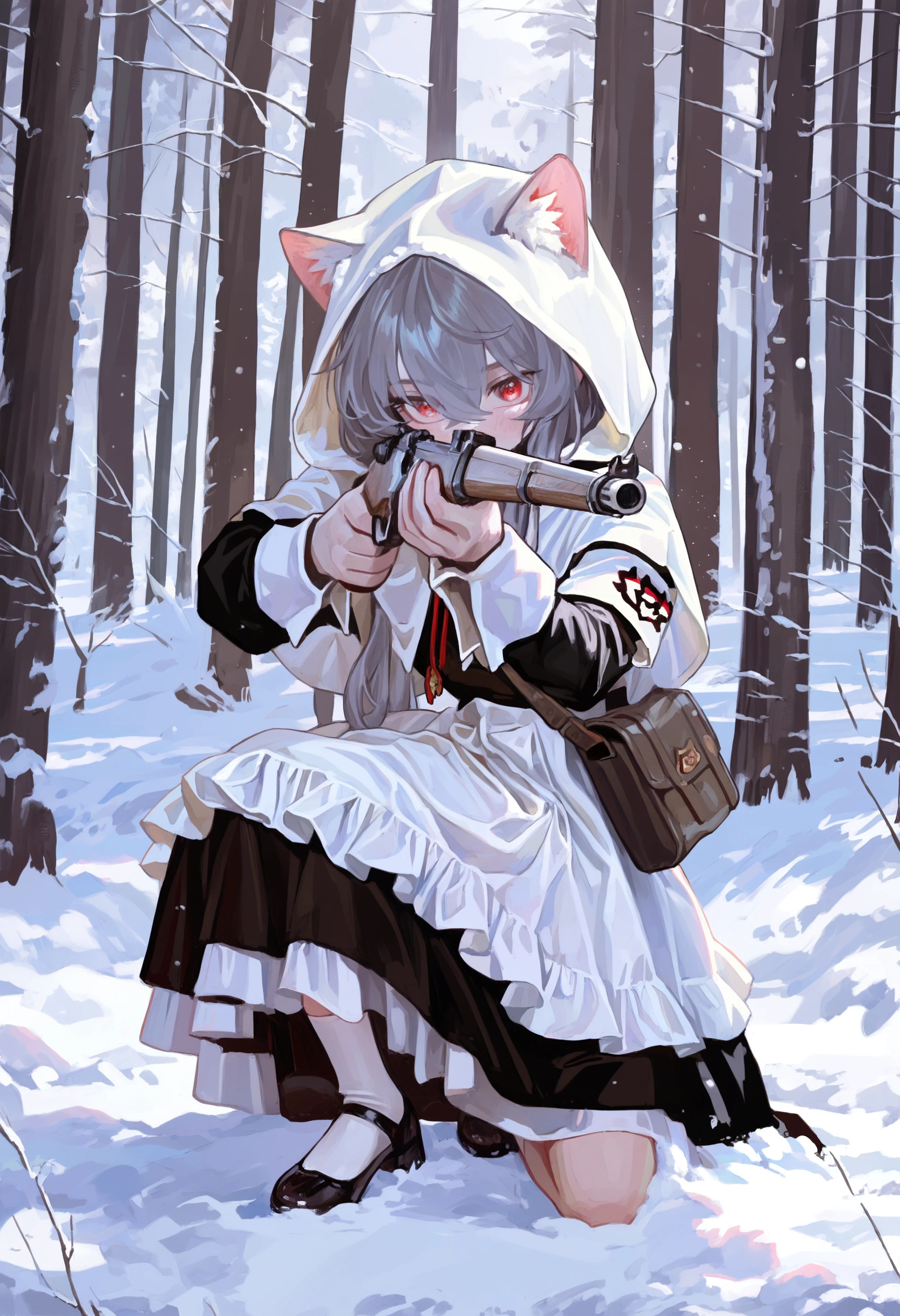 masterpiece, highres, absurdres, newest, very awa, painting \(medium\),   1girl, solo, grey hair, cat ears, animal ear fluff, red eyes, white hooded capelet, hood up, maid outfit, layered dress, long sleeves, white wrist cuffs, white apron, white armband, satchel, white socks, black footwear,   holding weapon, gun, aiming, on one knee,   straight-on, outdoors, snow, tree, forest, shade, dim lighting, full body, close-up,   <lora:spo_sdxl_10ep_4k-data_lora_webui>,  <lora:NOOB_EPSv1_1_detailer_by_vlnvk_v1_0:0.5>, <lora:illustrious_noobai_epsilon_pred_1_best_quality_v1:0.7>, <lora:noobai_ep11_stabilizer_v0.30_fp16:0.4>,  <lora:FKEY:0.8>,