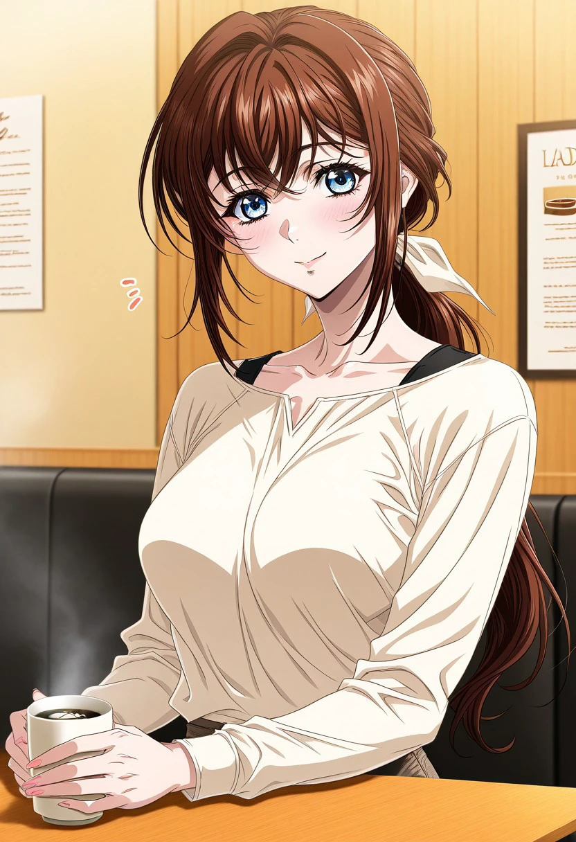 masterpiece, best quality, newest, highres, uncensored, 1girl, yokota mamoru style,1girl, slender face，motion lines,blush
Asai Sayaka,Brown Hair, Ponytail,Blue Eyes,Medium Breasts, Slim,long hair
1girl,solo
Coffee shop, lady, making coffee, dining table, very happy,look at the viewer