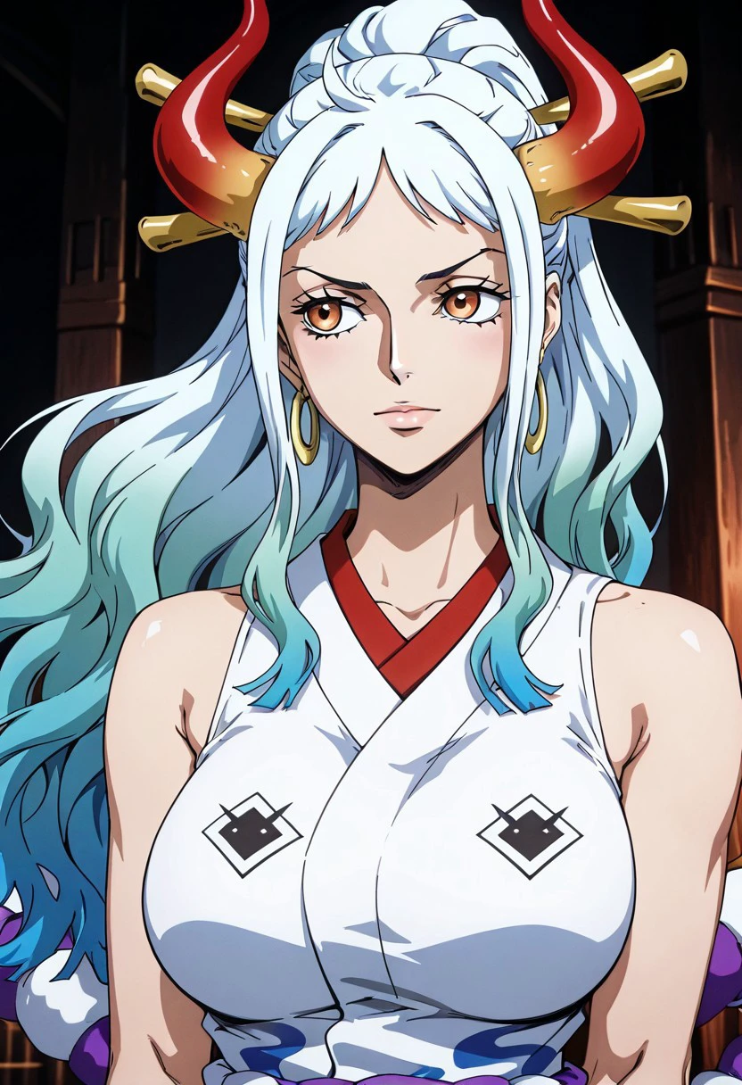 masterpiece, best quality, newest, absurdres, highres, anime, anime style, CastleVaniaStyle-IL.V1.0 1girl, yamato \(one piece\), curled horns, red horns, multicolored horns, orange eyes, white hair, green hair, long hair, multicolored hair, aqua hair, gradient hair, blue hair, sidelocks, ponytail, high ponytail, hair stick, large breasts, sleeveless kimono, bare shoulders, hoop earrings, earrings, shimenawa, toned