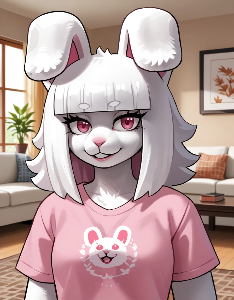 indoors,living room,
headshot,smile,long eyelashes,
pink t-shirt, 
<lora:Lornalla_v01_PDXL:1>,Lornalla,1girl,solo,furry female,rabbit girl,rabbit ears,rabbit tail,white hair,blunt bangs,pink eyes,