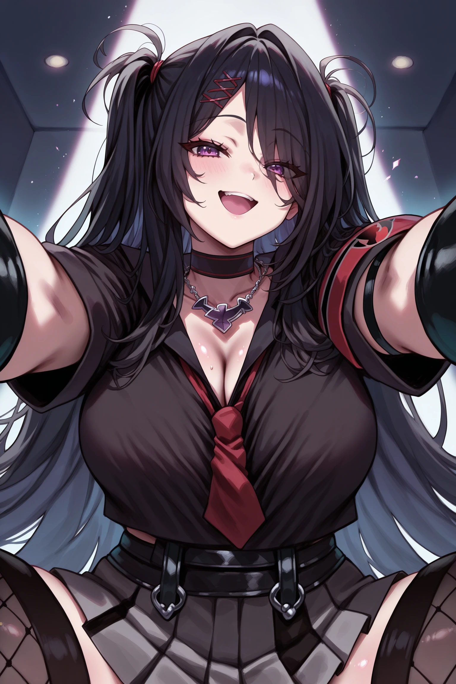 masterpiece, best quality, anime, 2d, 1girl, purple eyes, very long hair, two side up, black hair, red hairclip, hair tie, choker, cross necklace, black clothes, red neckerchief, short sleeves, red armband, arm strap, black arm guard, black belt, two-tone skirt, frilled miniskirt, fishnet thighhighs, knee black boots, <lora:Z11ILSTCAMEq1v1 AL:1>, indoors, from below, close up, upper body, abstract, spotlight, happy, alluring, in heat, shiny skin, steaming body, indoors, pov, kneeling, spread legs, reaching towards viewer,