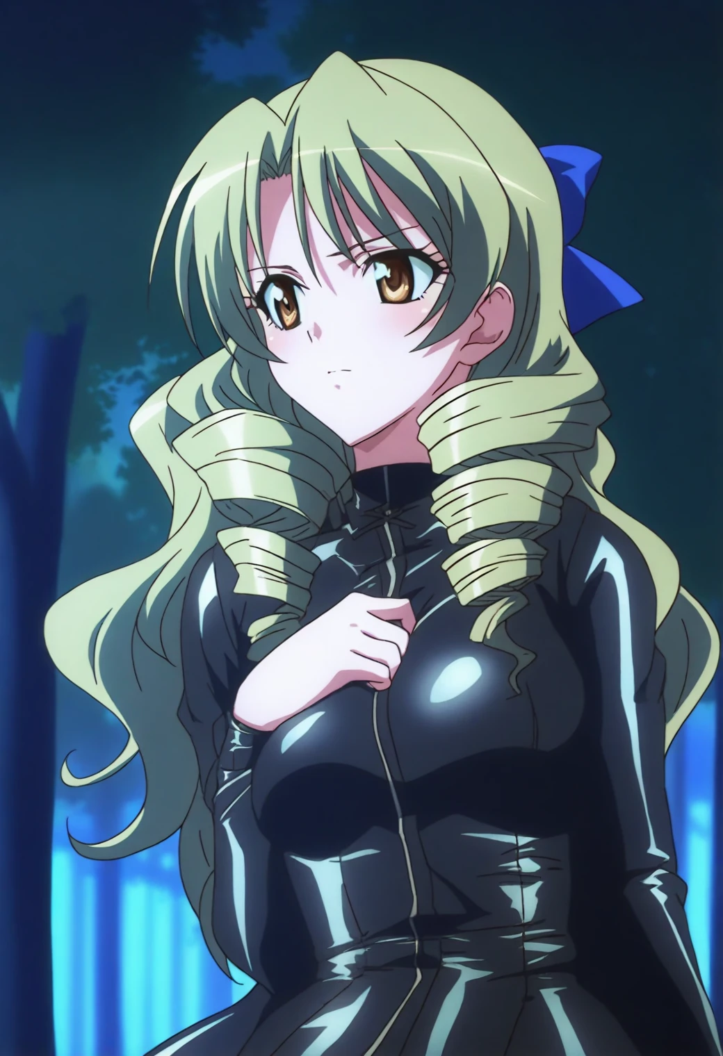 <lora:Saki Tenjouin - [To Love Ru] - illustriousXL v1:1>, sysdeep_saki, long hair, gold hair, twin drills, brown eyes, solo, tight leather outfit, forest at dusk, bow and arrow, poised to strike