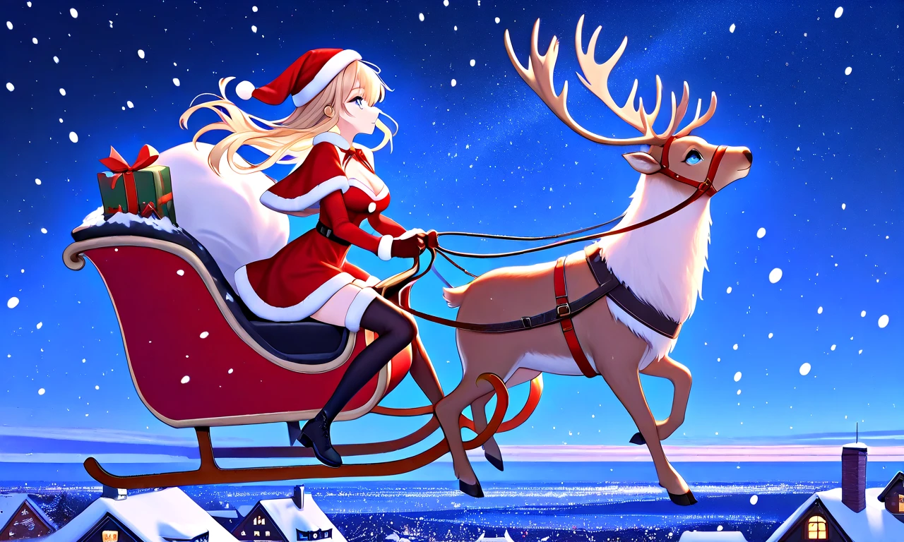 masterpiece, best quality, full body, riding reindeer sleigh flying in the sky, gift sack, 1girl, blue eyes, floating hair, fur trim, red dress, santa hat, santa costume, cleavage, breasts, thighhighs, gloves, reins, wind, night, snowing, horizon, christmas, night sky, high sky, nordic architecture, from side, <lora:girllikereindeersleigh_ilxl_no_noise_offset:0.8>