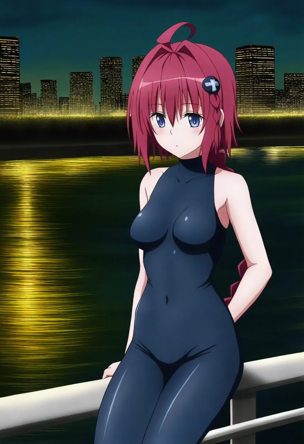 <lora:Mea Kurosaki - [To Love Ru] - illustriousXL v1:1>, sysdeep_mea, red hair, blue eyes, long hair, single braid, solo, City boardwalk, tight outfit, leaning on railing, overlooking river