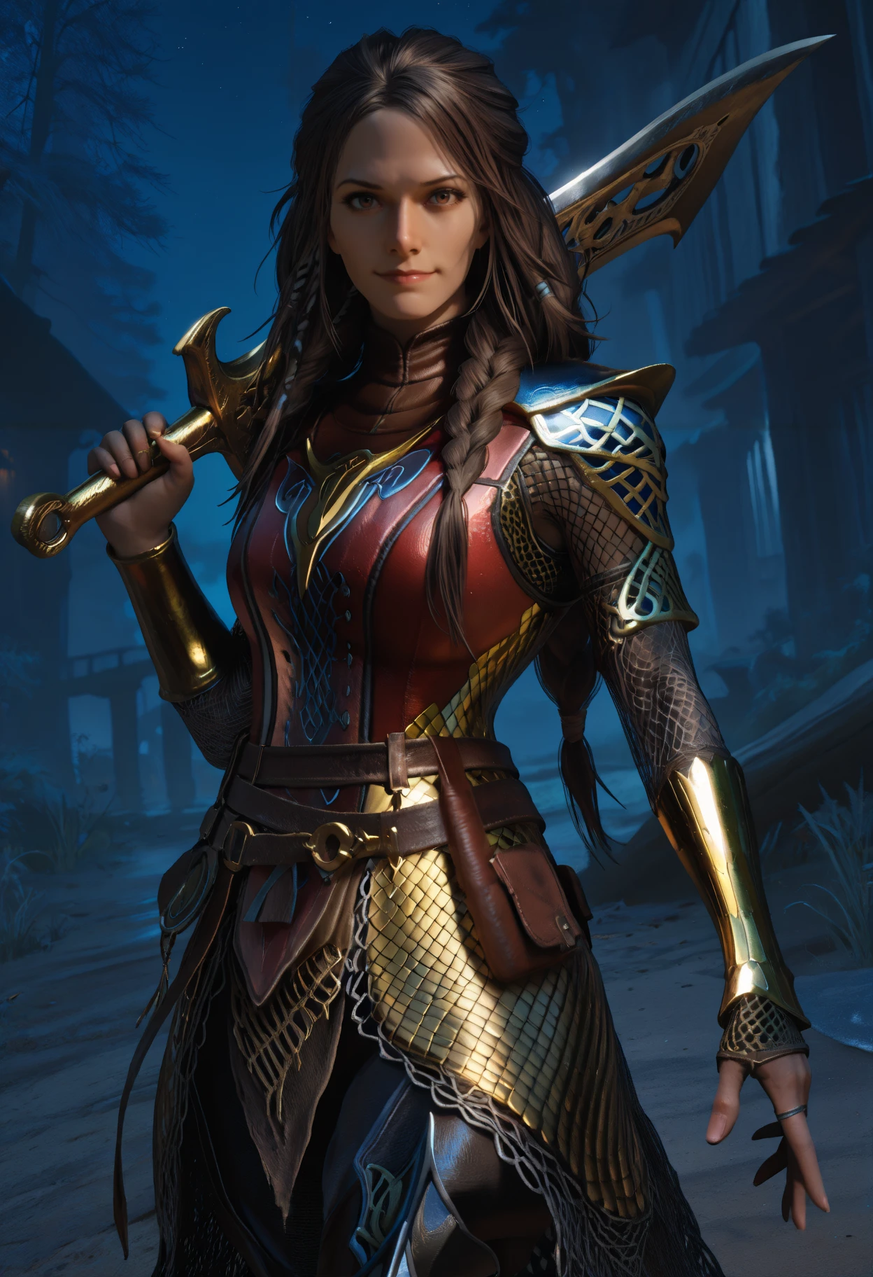 masterpiece, best quality, newest, absurdres, highres, realistic, photorealistic, looking at viewer, dark, outdoors, night, closed mouth, 1girl, solo, brown eyes, long hair, brown hair, braid, arm tattoo, Freya_tqa, gold chainmail, blue pauldrons, red Breastplate, black greaves, runestone belt, gold bracer, high collar, long sleeves, fishnet sleeves, grin, holding sword, weapon over shoulder
<lora:gowfreya_Illustrious-000007:1>