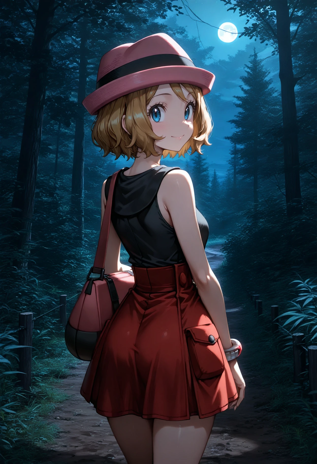 solo,
1girl,serena \(pokemon\),short hair,blonde hair,pink hat,red high-waist skirt,black shirt,bag,
smile,pokemon \(anime\),
cowboy shot,looking back, 
Jigglypuff,
nature,outdoors,tree,forest,night,moonlight,plant,grass,fence,dirt road,
<lora:99coins_japanese_central_forest_illu:0.8>,
masterpiece,best quality,