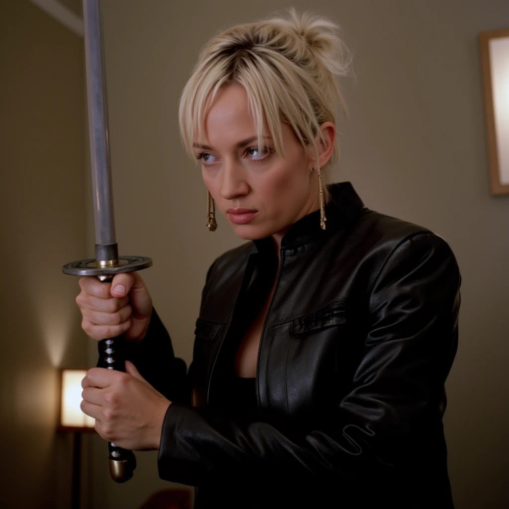 cinematic film still of <lora:1990's style Kill Bill v1-step00001800:0.9>
In the 1990's uma thurman, Cinematic film image of The Blonde a woman in a leather jacket holding a sword:0.6, shallow depth of field, vignette, highly detailed, high budget, bokeh, cinemascope, moody, epic, gorgeous, film grain, grainy