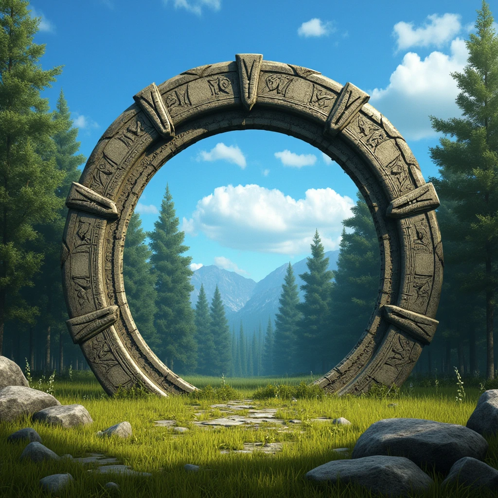 Hyperrealistic art of  <lora:science fiction star gate style v1:0.9>
In an ancient Egypt-like world a large portal circular stone sculpture in a forest, action, military, science fiction, movie themed, sharp, detailed, epic cinematic photography, artistic, dramatic light, cinematic color style, Kodak film style, Stargate style, outdoors, sky, day, cloud, tree, blue sky, no humans, nature, scenery, forest, mountain, landscape, arch, traditional media, grass, painting (medium)
, Extremely high-resolution details, photographic, realism pushed to extreme, fine texture, incredibly lifelike