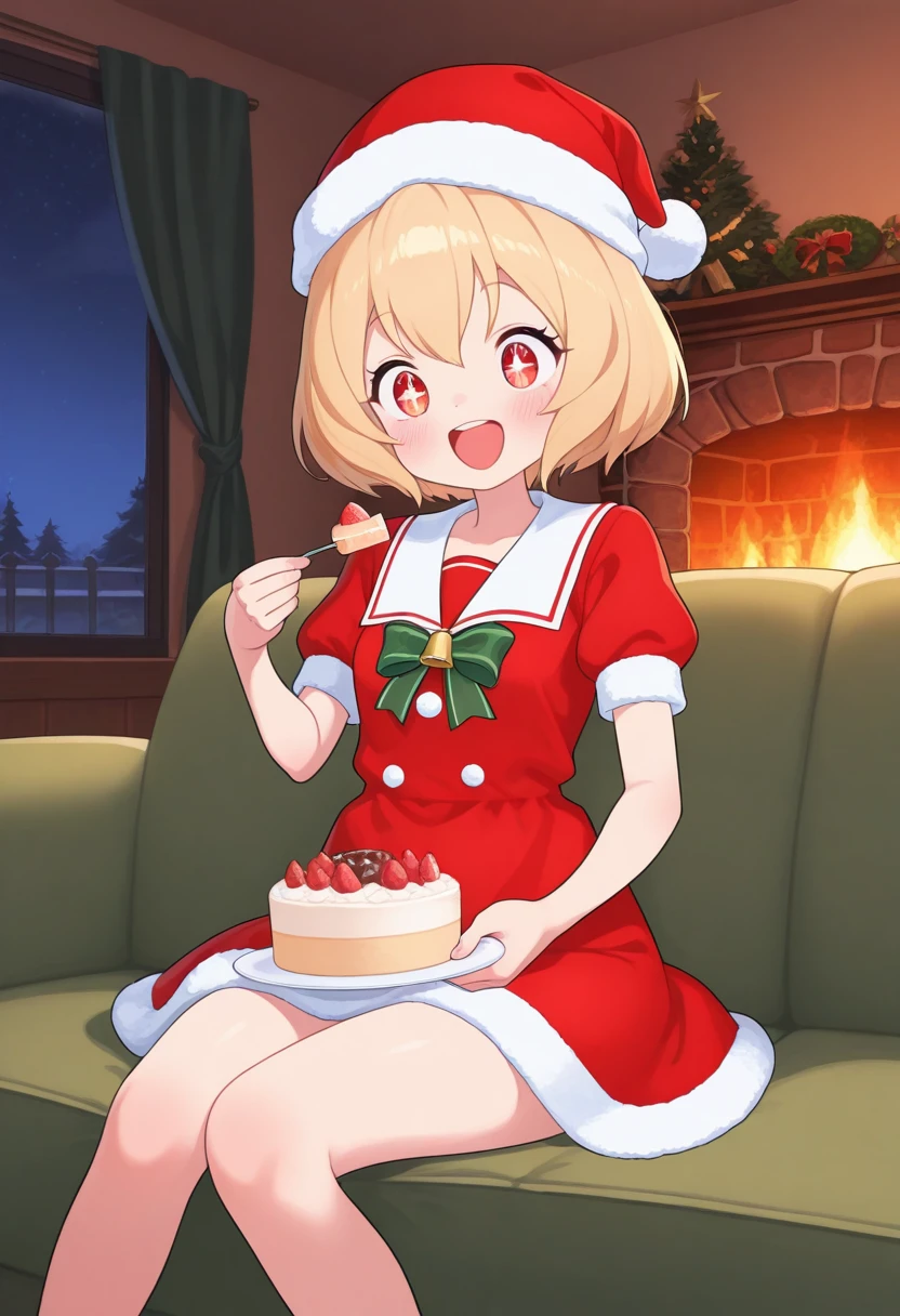 best quality, masterpiece, humansango, 1girl, solo, short hair, open mouth, smile, red eyes, blonde hair, livingroom, indoors, fireplace, santa dress, santa hat, smile, night time, sitting, couch, sparking eyes, holding plate, eating cake, sparkling eyes