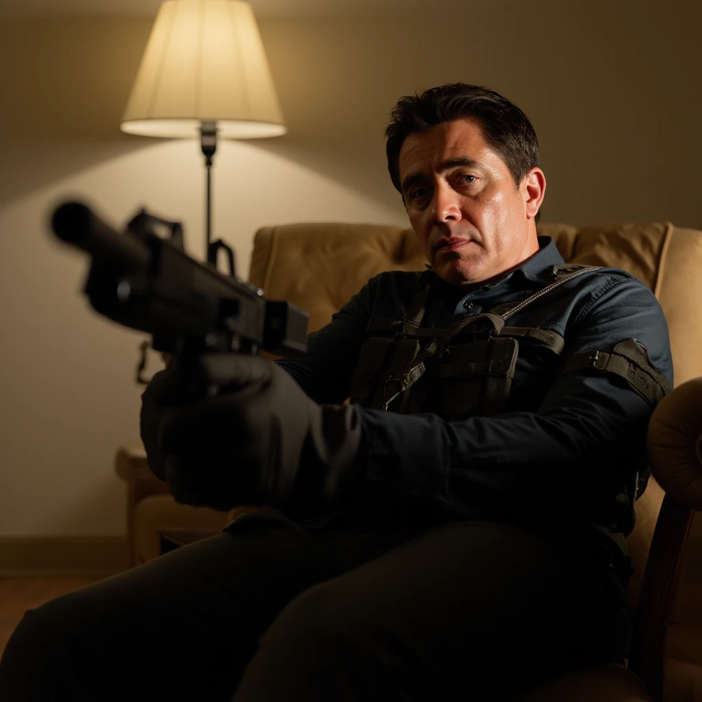 HDR photo of  <lora:sicario style v1:0.9>
Alejandro Assassin a man in tactical outfit sitting in a chair with a gun pointed at camera, solo, looking at viewer, short hair, black hair, gloves, 1boy, weapon, male focus, indoors, blurry, uniform, english text, facial hair, lamp, subtitled, bulletproof vest, modern warfare, military tactical, movie themed, sharp, detailed, epic cinematic photography, artistic, dramatic light, cinematic color style, Kodak film style, sicario style, warm light, shirt, jacket, black jacket, black shirt, text subtitles says, "Time to Meet God!"
, High dynamic range, vivid, rich details, clear shadows and highlights, realistic, intense, enhanced contrast, highly detailed