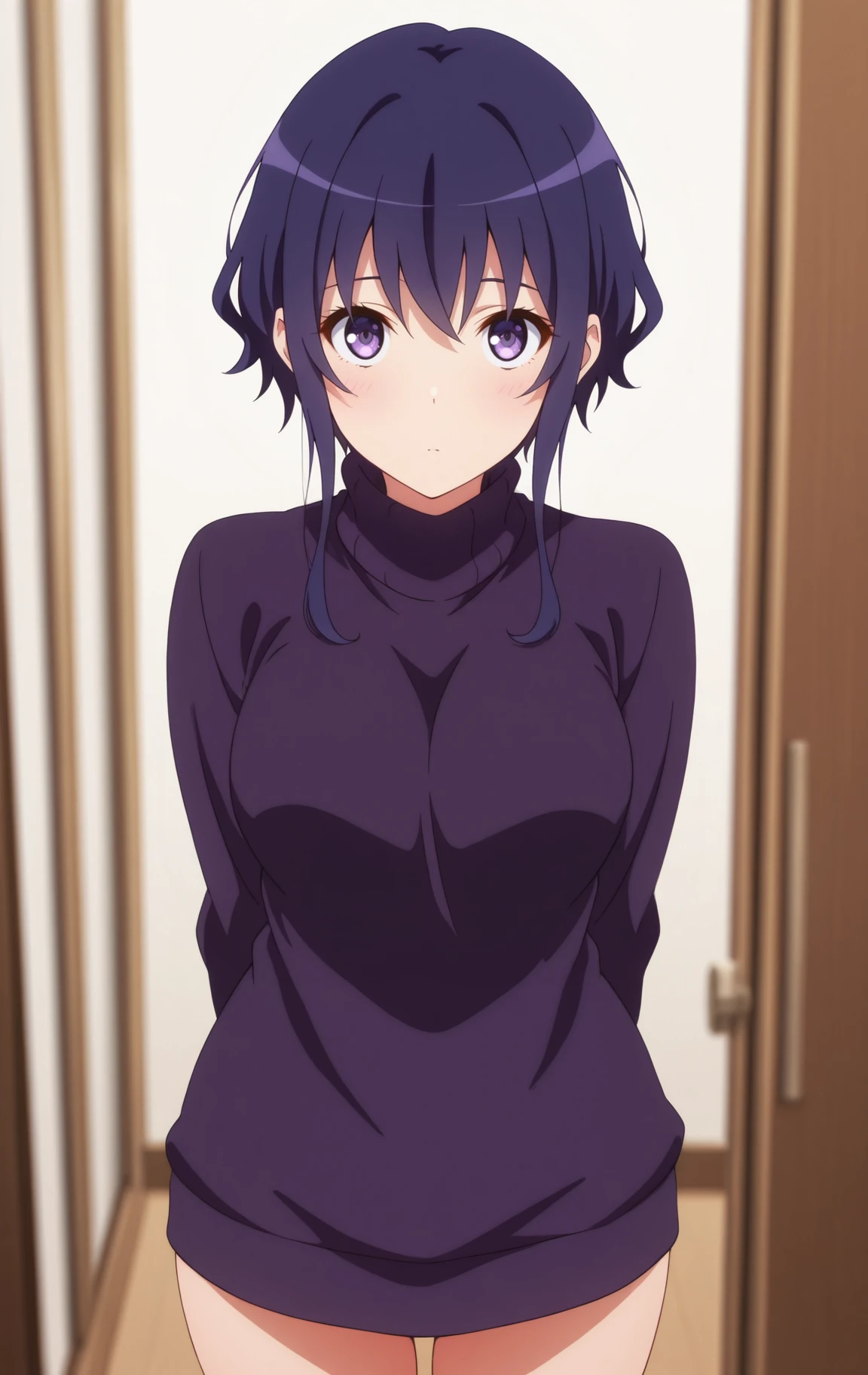 masterpiece,1girl, Michiru <lora:IL-Michiru:1>,purple hair,short hair,purple eyes,sidelocks,medium breasts,turtleneck sweater, 
,cowboy shot, looking at viewer, depth of field,