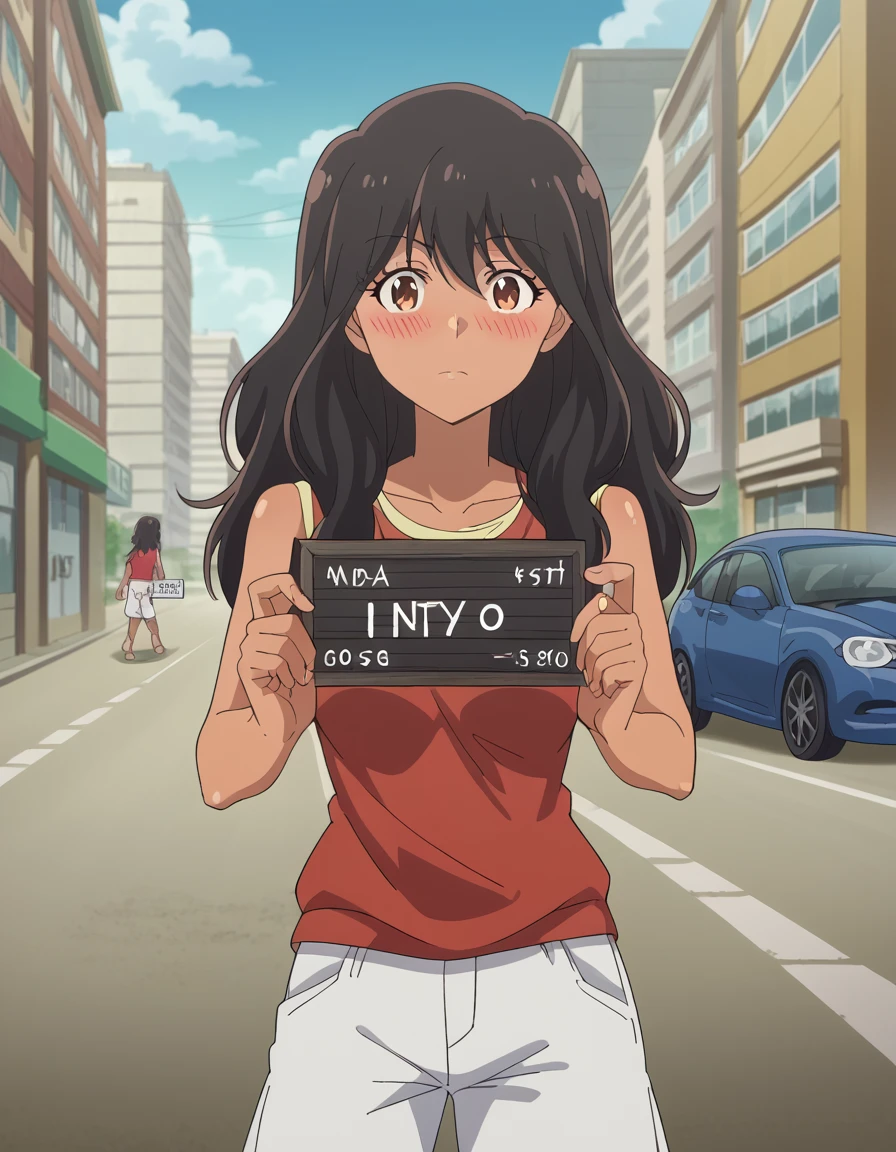 score_9, score_8_up, score_7_up, source_anime, <lora:nao-miyama-s1-ponyxl-lora-nochekaiser:1>, nao miyama, long hair, black hair, brown eyes, dark skin, dark-skinned female, medium breasts, anime screencap,, shirt, shorts, tank top, red shirt, white shorts,, city, buildings, streets, cars, people, , <lora:barbie-mugshot-ponyxl-lora-nochekaiser:1> barbie mugshot, barbie mugshot (meme) height mark, holding sign, nameplate, height chart, sign, meme, blush, cowboy shot, looking at viewer, solo,, dutch angle, cowboy shot