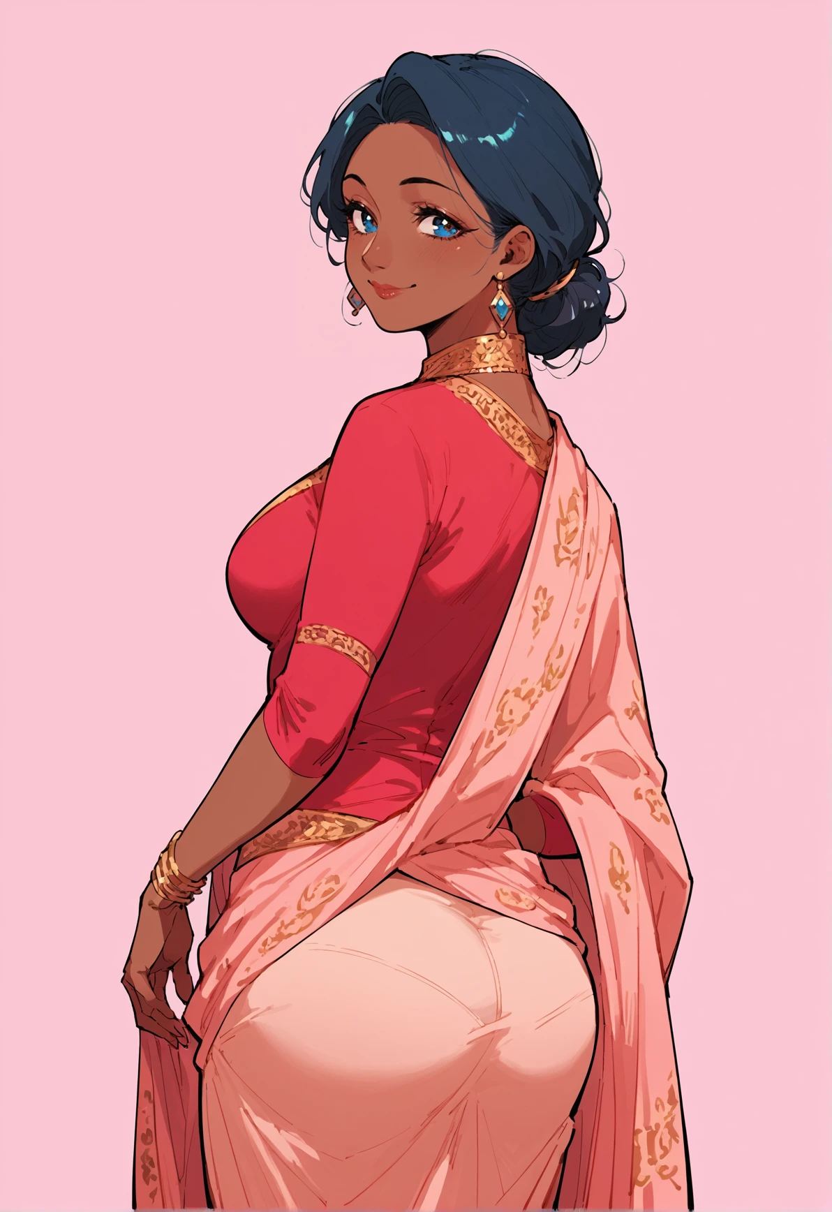 score_8_up, score_7_up, score_6_up, source_anime,1girl, solo, simple background, pink background,
standing, cowboy shot, from behind,
smile, Vermilion hair, blue eyes, mature female, medium breasts, dark skin,
saree, pink saree, <lora:saree_pony(1):1>