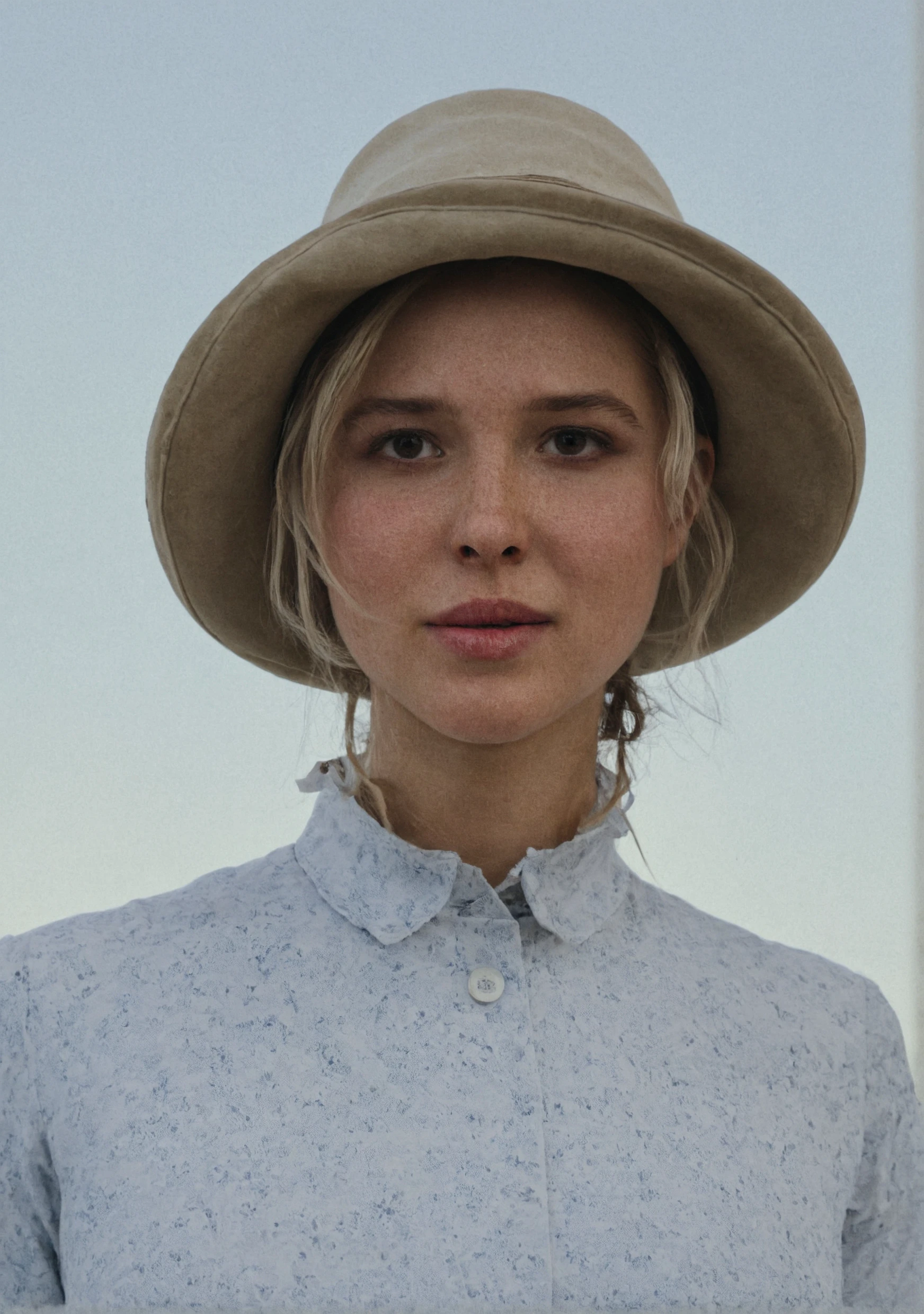 Super high res, woman, cinematic, high quality, Skin texture, portrait,   <lora:Isabel_May:1> i54b3l, shirt, outside, hat