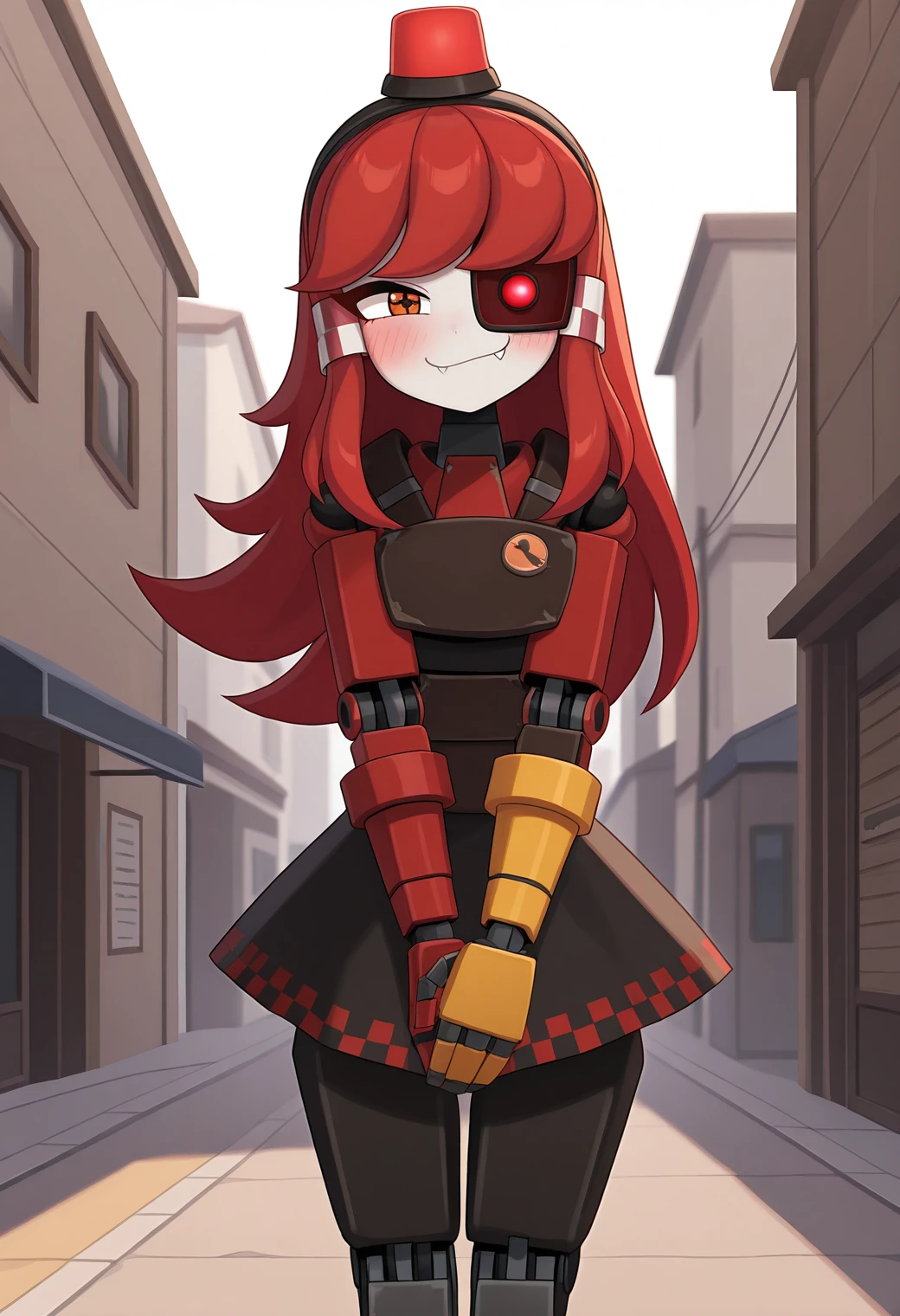 highres, best quality, masterpiece, outdoors,
solo, 1girl, mimistrytf, mechanical eye, red hair, orange eyes, red eyes, long hair, hair tubes, mini hat, alarm siren, symbol-shaped pupils,
robot, black skirt, robot joints, red arm, yellow arm,
looking at viewer, blush, smug, closed mouth, fang,
standing, own hands together, 
<lora:_mimi_sentry-elesico-ilxlDB:1.25>