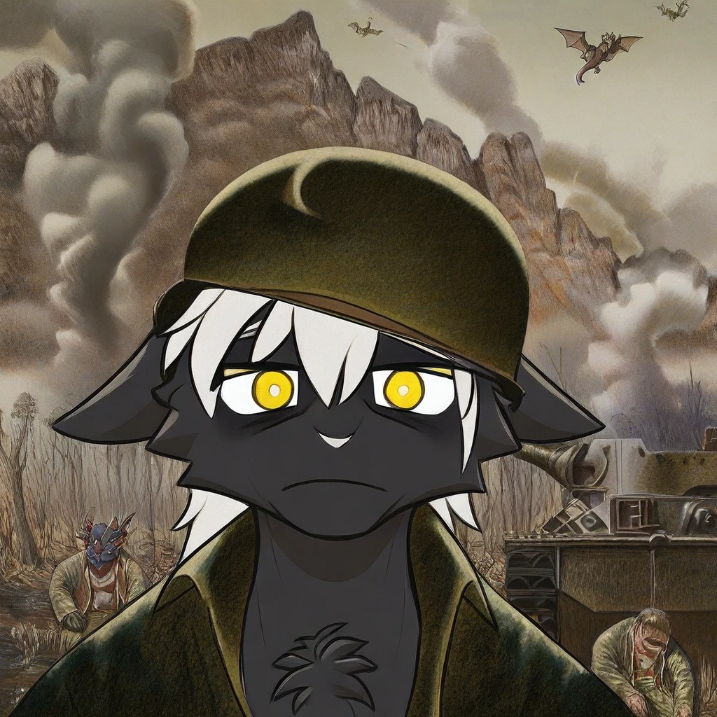 mikus-cooncept, military action in background, exhausted, shocked, looks at viewer, black fur, dragon, furry, white hair, white horns, yellow eyes