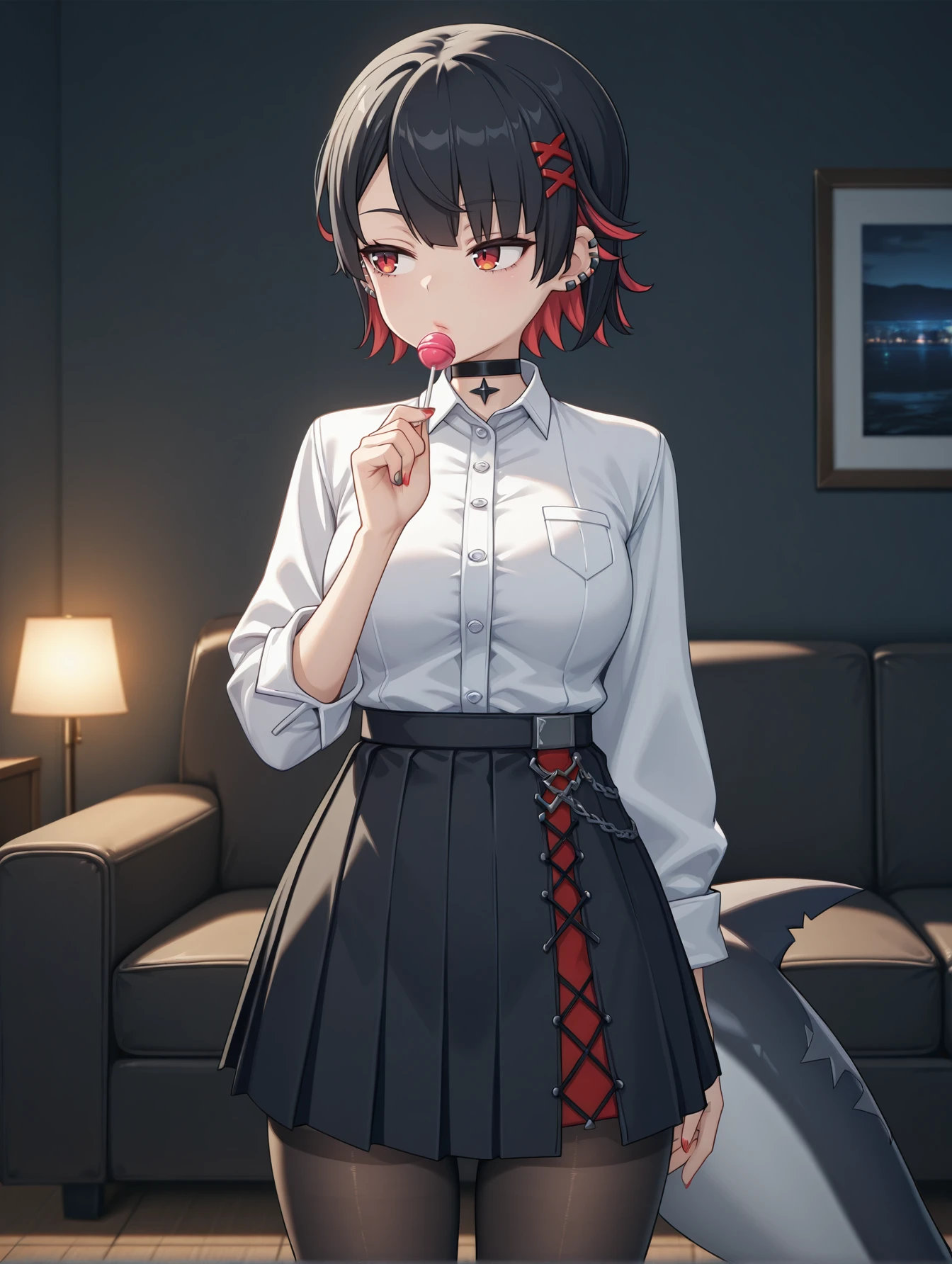 <lora:zzz-v6-illustrious:0.8>
ellen, black hair, ear piercing, hairclip choker, dress shirt, pantyhose, high-waist skirt, shark tail, 1girl, solo, holding lollipop, bored, looking to the side, living room,
masterpiece, best quality, cinematic lighting