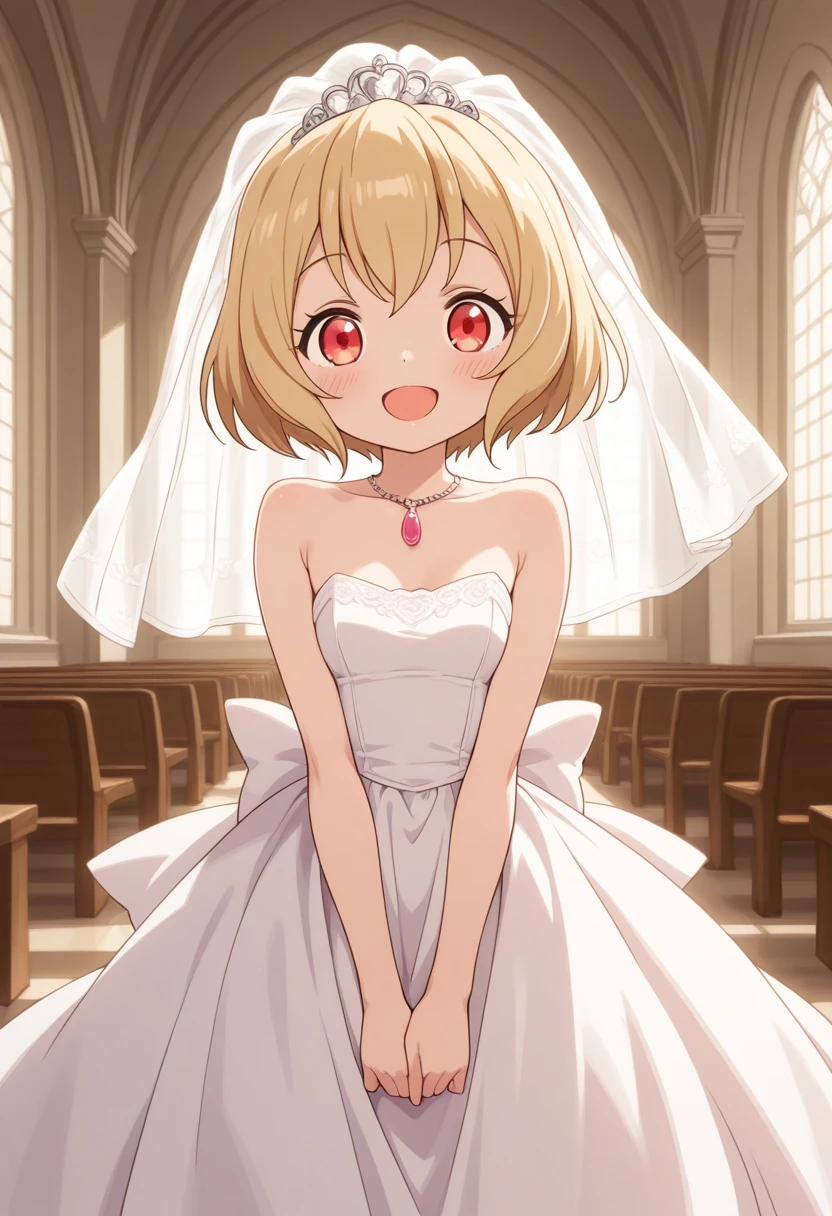 best quality, masterpiece, humansango, 1girl, solo, short hair, open mouth, smile, red eyes, blonde hair, church, wedding_dress, wedding veil